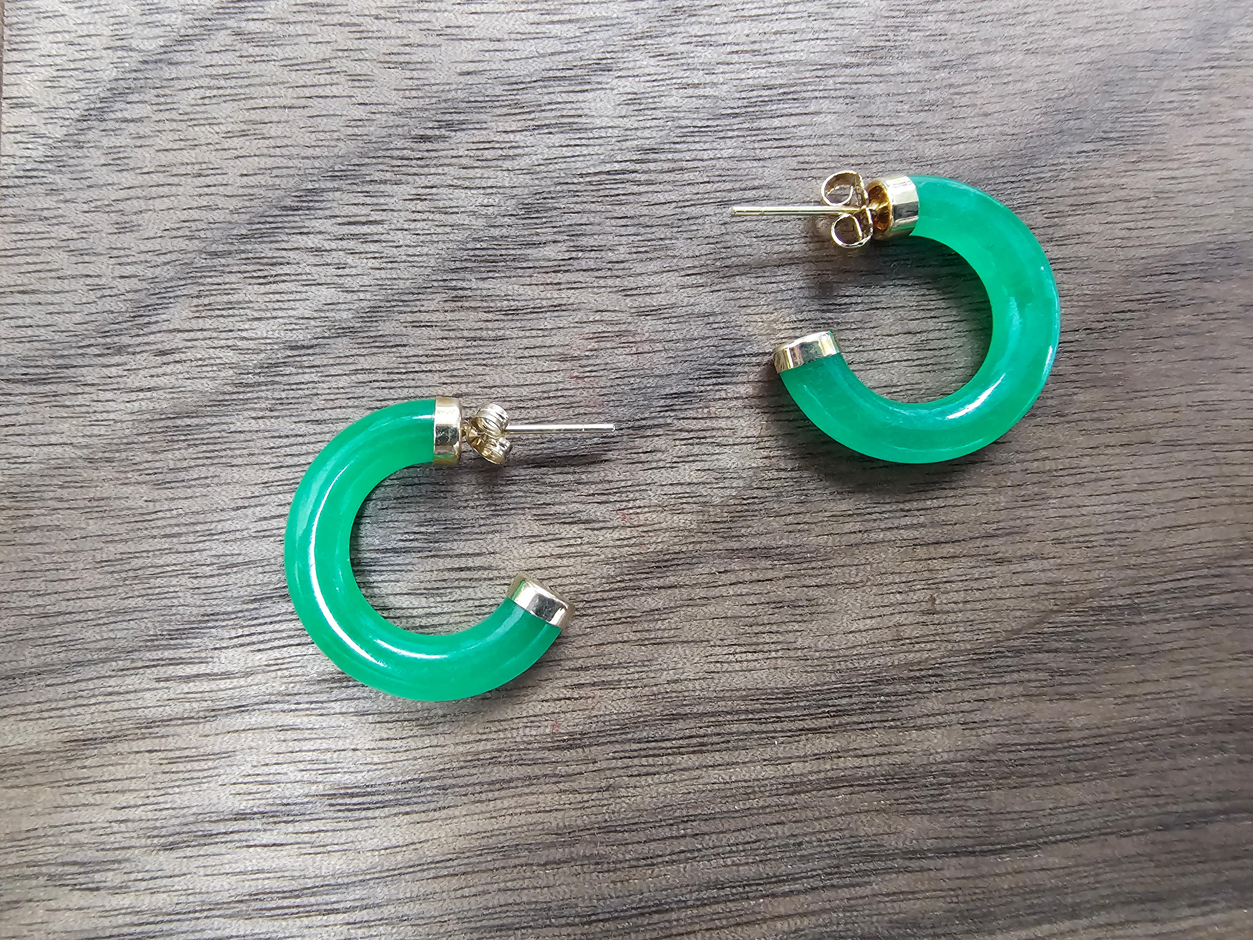 Green C-Hoop Jade Earrings With 14K Yellow Gold For Sale 10