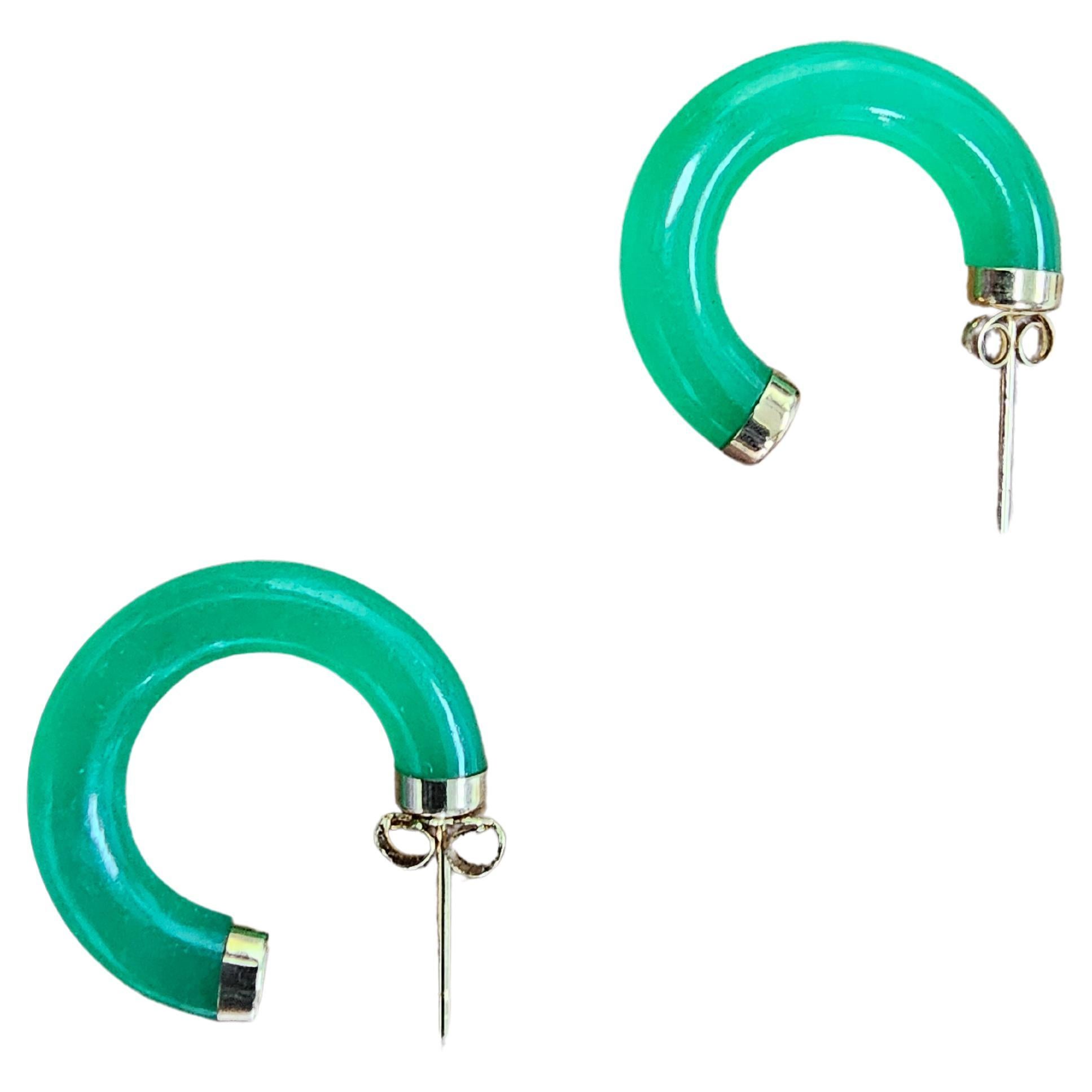 Green C-Hoop Jade Earrings With 14K Yellow Gold For Sale