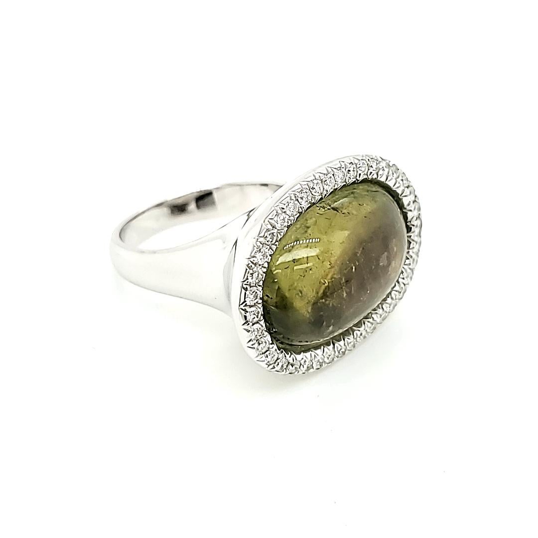 Round Cut Green Cab Tourmaline Cts 15.51 Diamond Engagement Ring For Sale
