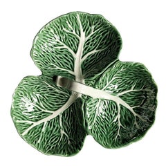 Green and White Cabbage Ware Condiment Serving Platter Dish with Handle 1950s