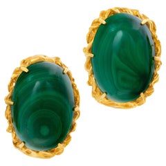 Green Cabochon Malachite Earrings Set in 18k Yellow Gold with Omega Clip/Post