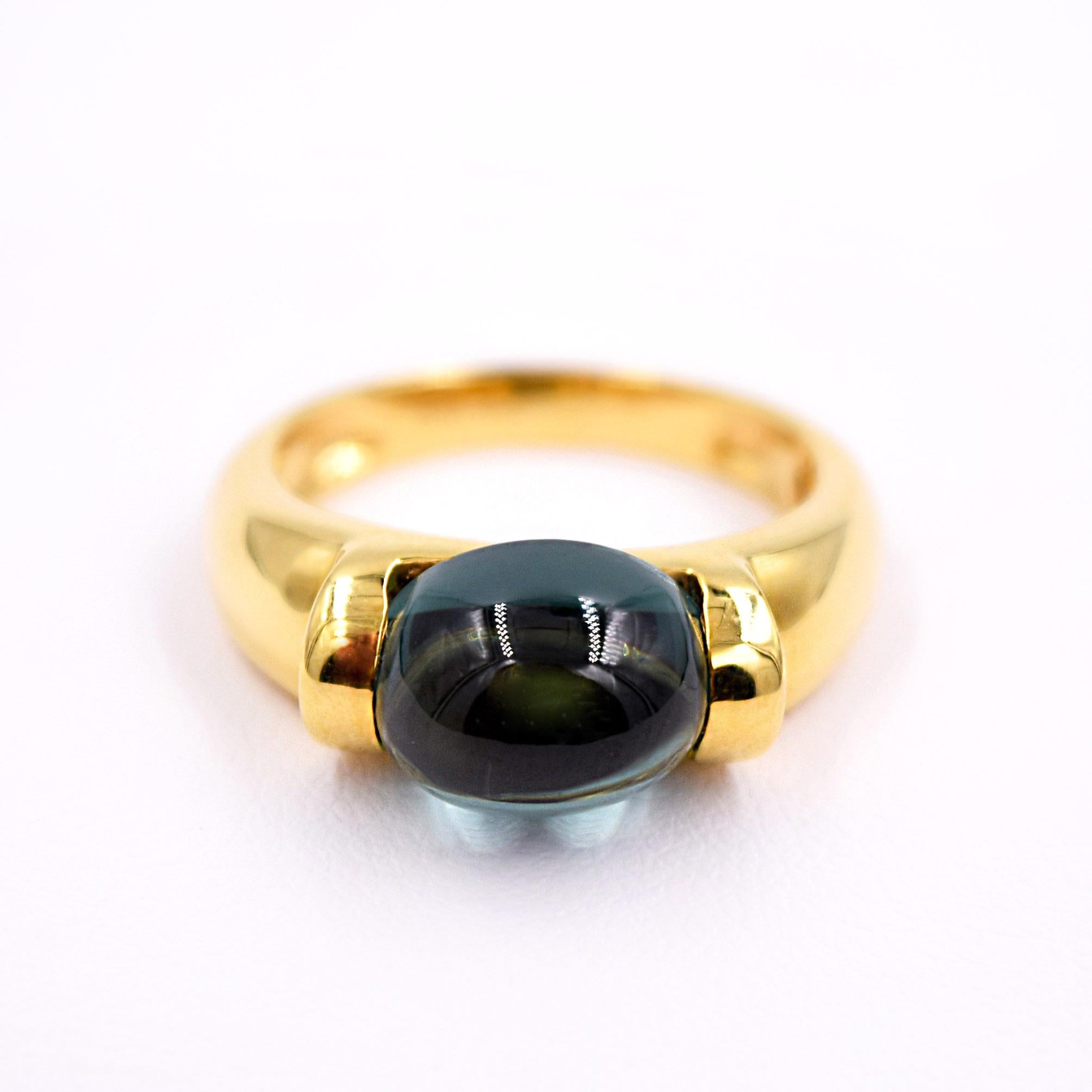 - Oval shaped Green Cabochon Tourmaline Ring
- 18 Karat Yellow Gold High Polished Finish
- Size 6.5
- This Ring can be sized