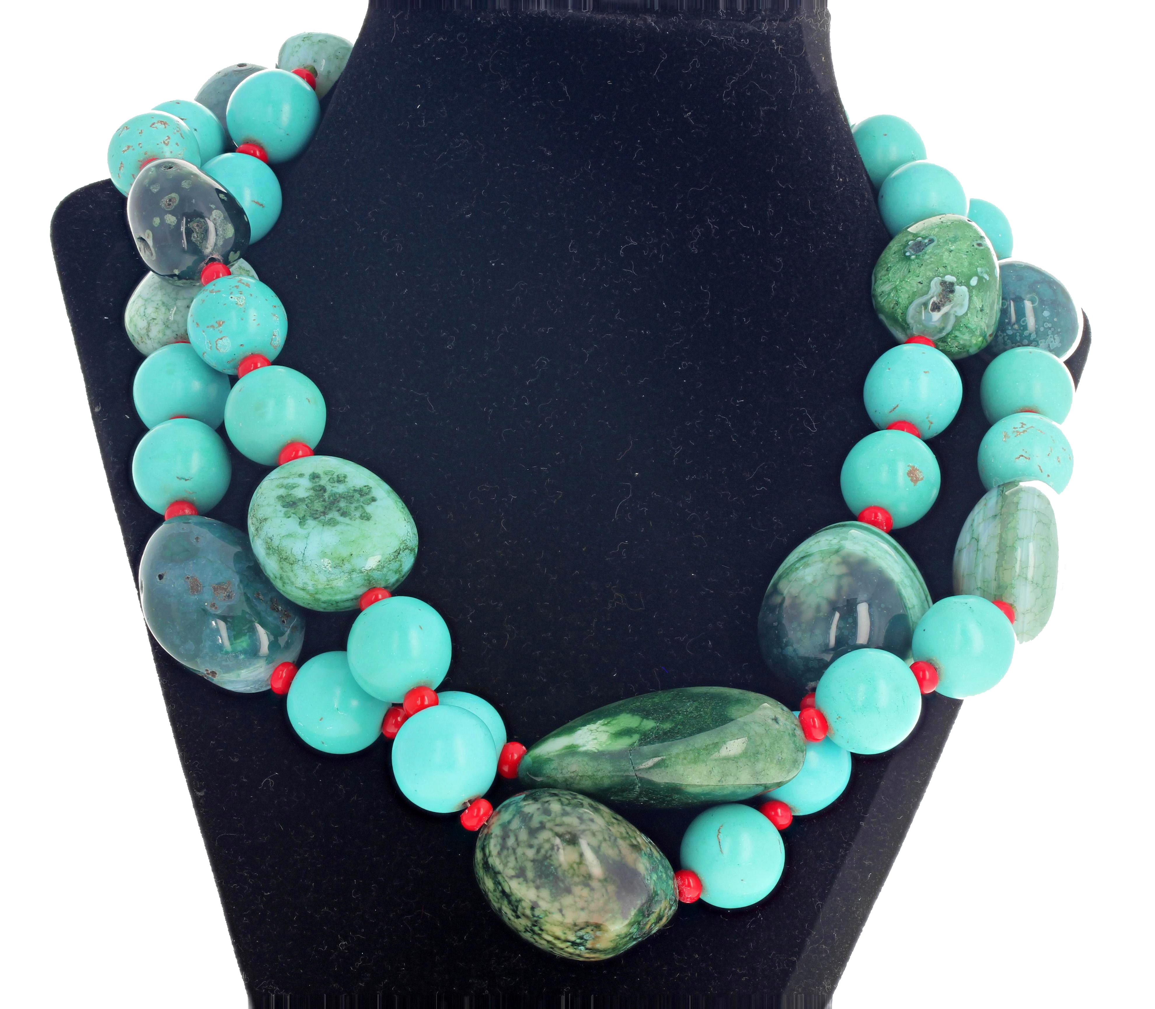Huge Green Canadian Jade, Turquoise, and Coral Double Strand Necklace In New Condition In Raleigh, NC