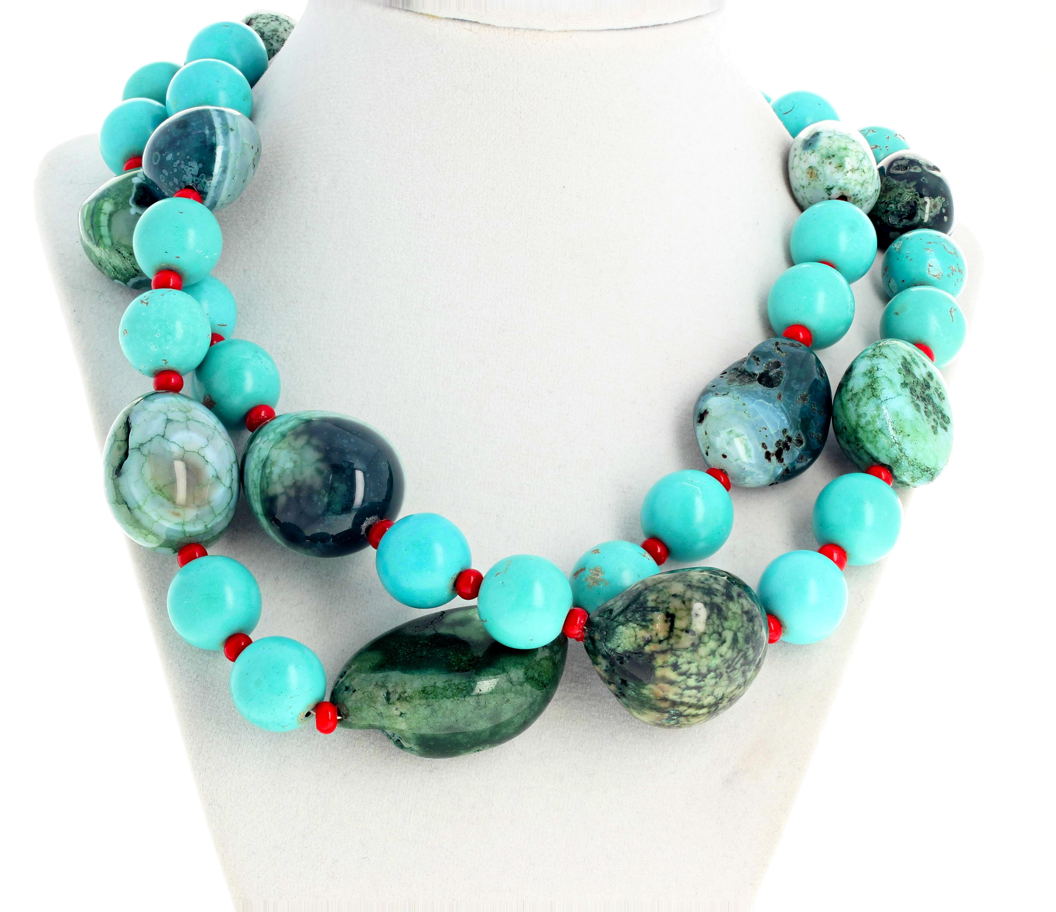 Women's or Men's Huge Green Canadian Jade, Turquoise, and Coral Double Strand Necklace