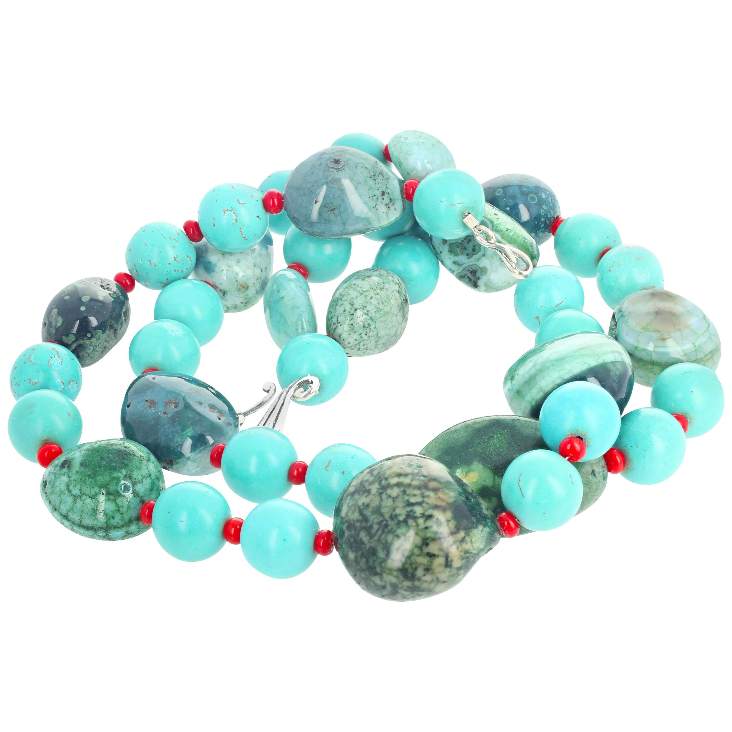 Huge Green Canadian Jade, Turquoise, and Coral Double Strand Necklace