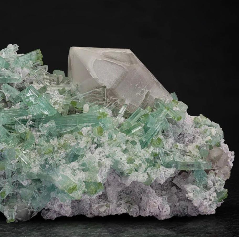 Adam Style Green Cap Tourmaline Crystals On Quartz With Lepidolite From Afghanistan For Sale