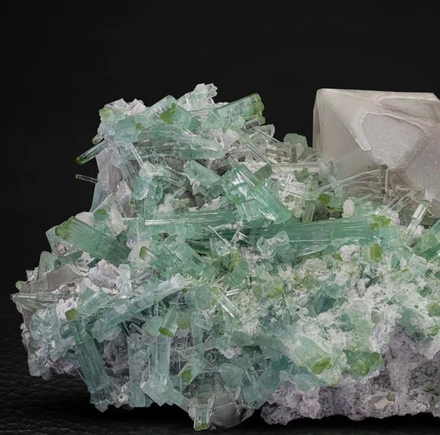Contemporary Green Cap Tourmaline Crystals On Quartz With Lepidolite From Afghanistan For Sale