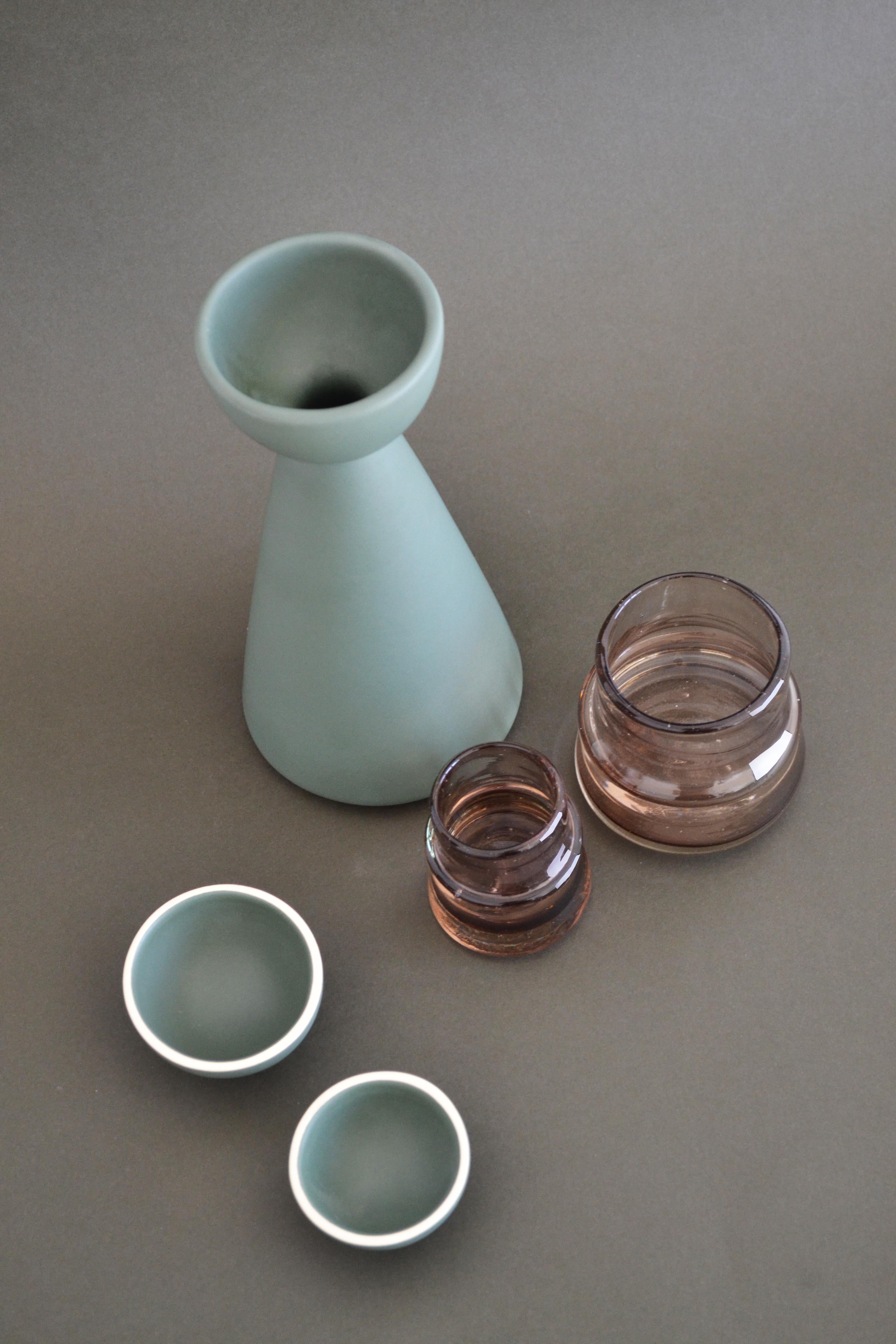 Glazed Green Carafe Contemporary Inspired by Traditional Jug Pitcher for Mezcal For Sale