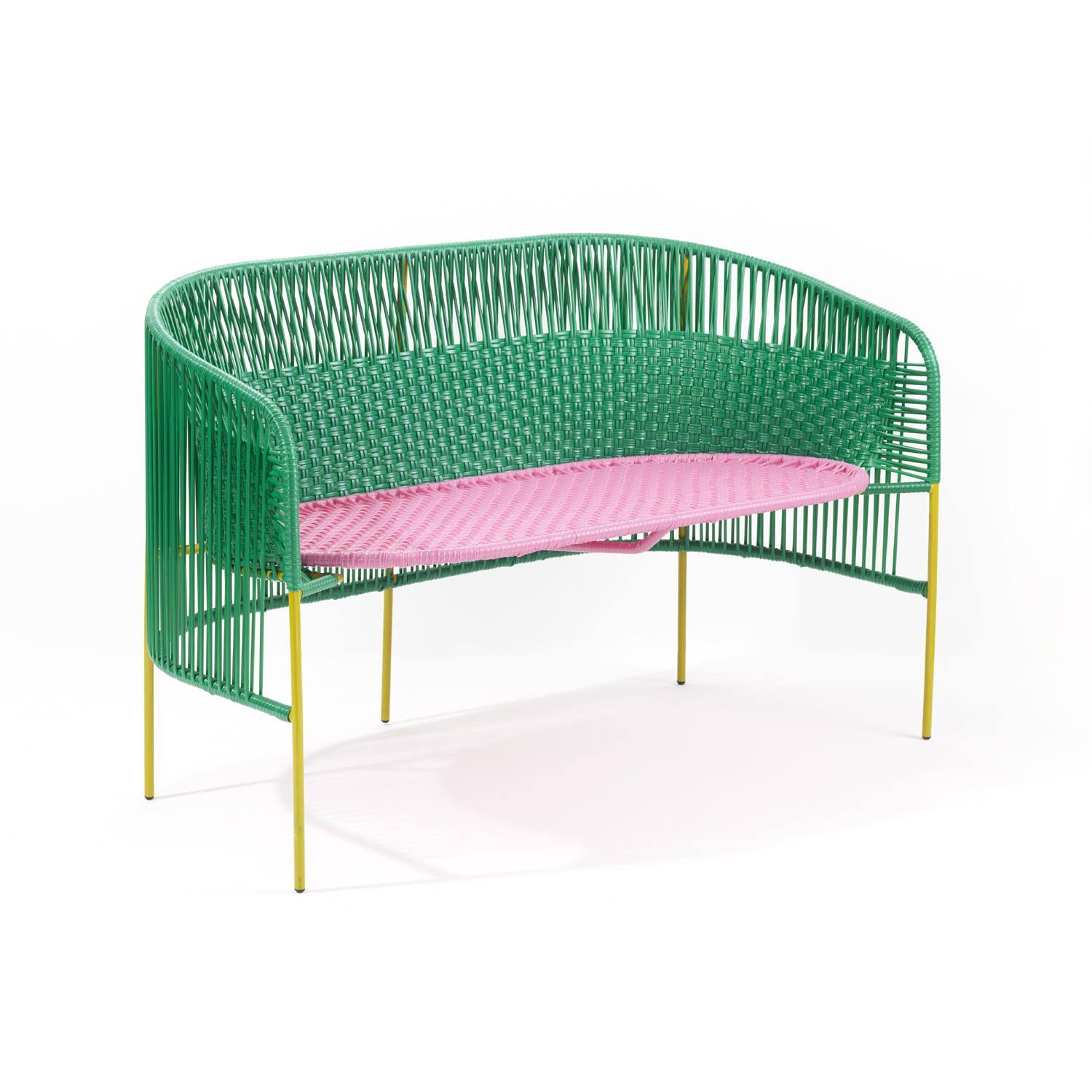 Green Caribe 2 Seater Bank by Sebastian Herkner
Materials: Galvanized and powder-coated tubular steel. PVC strings are made from recycled plastic.
Technique: Made from recycled plastic and weaved by local craftspeople in Colombia. 
Dimensions: W