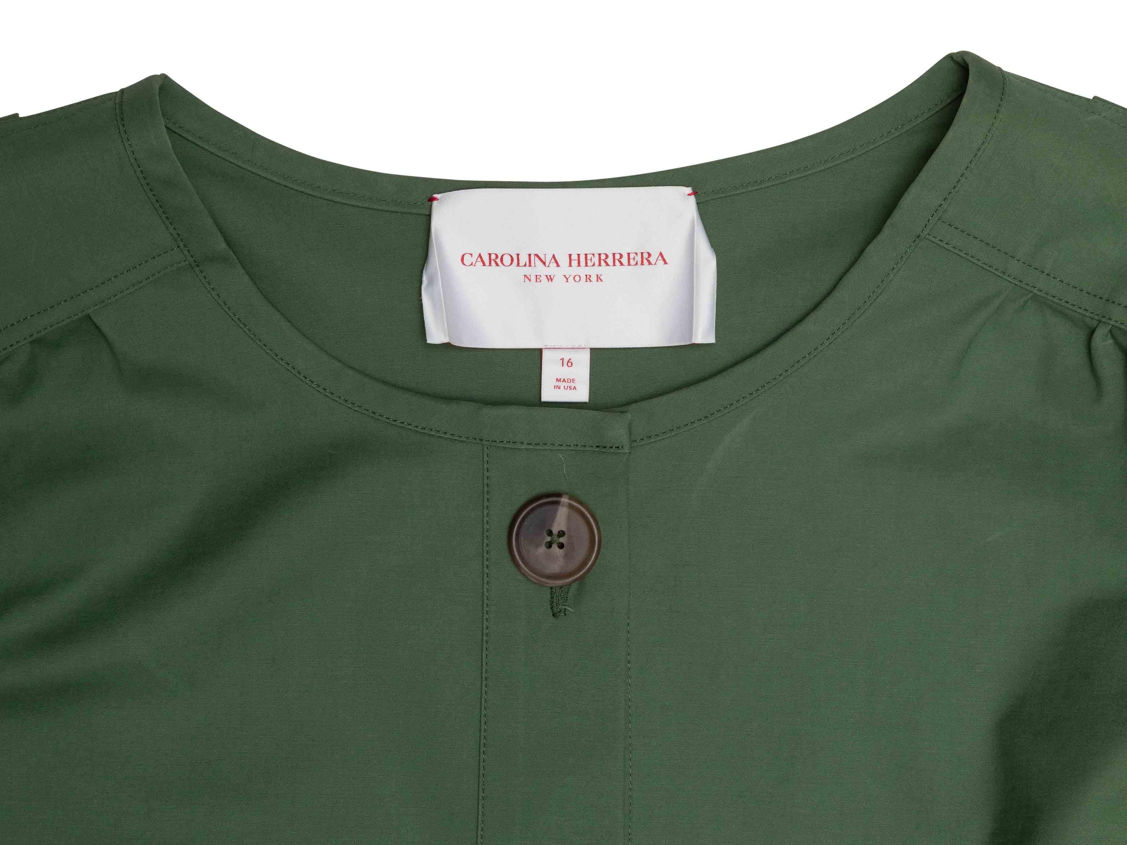 Green Carolina Herrera Long Sleeve Button-Up Dress Size US 16 For Sale 1