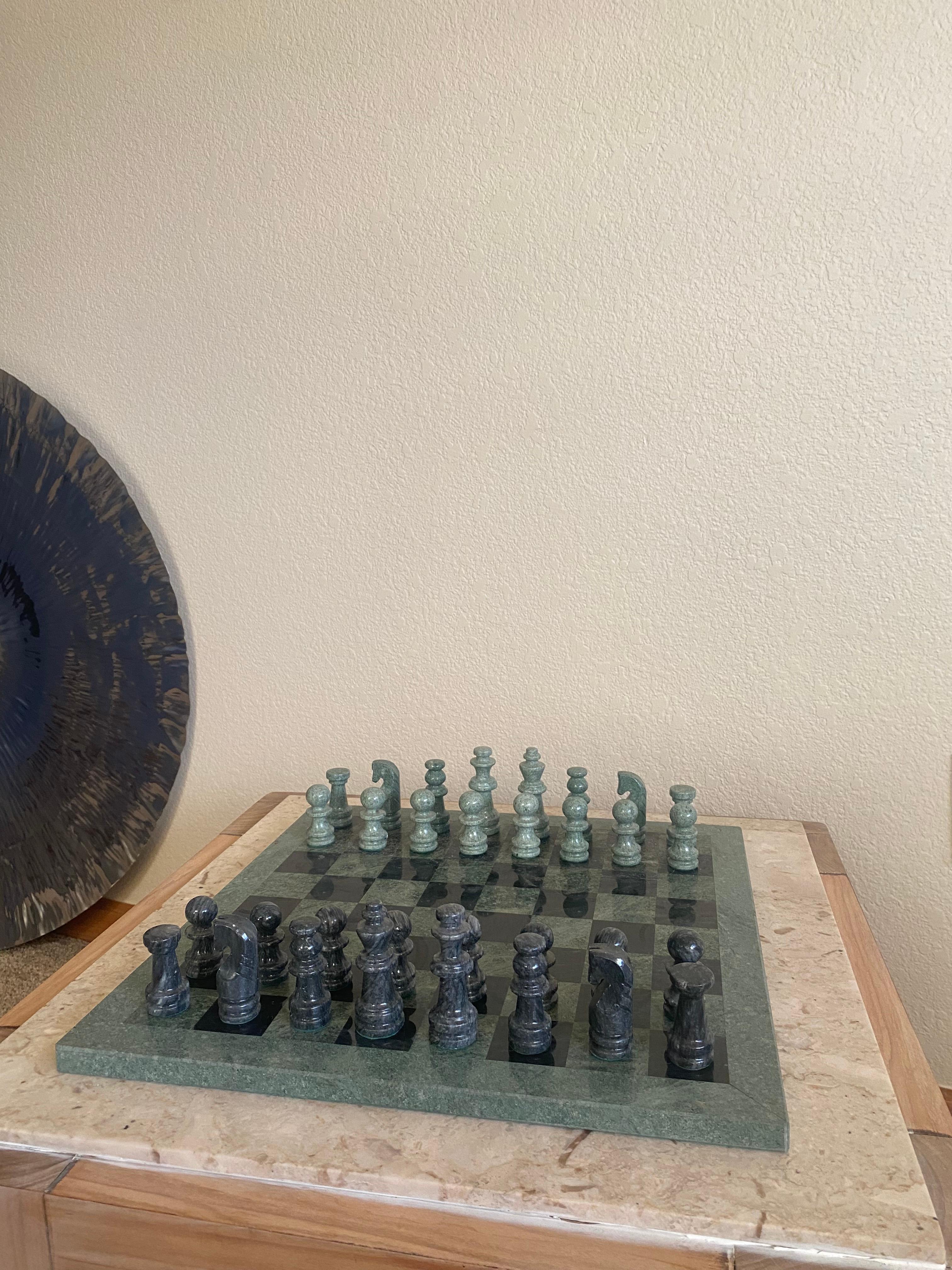 Hollywood Regency Green Carved Marble Modernist Chess Set