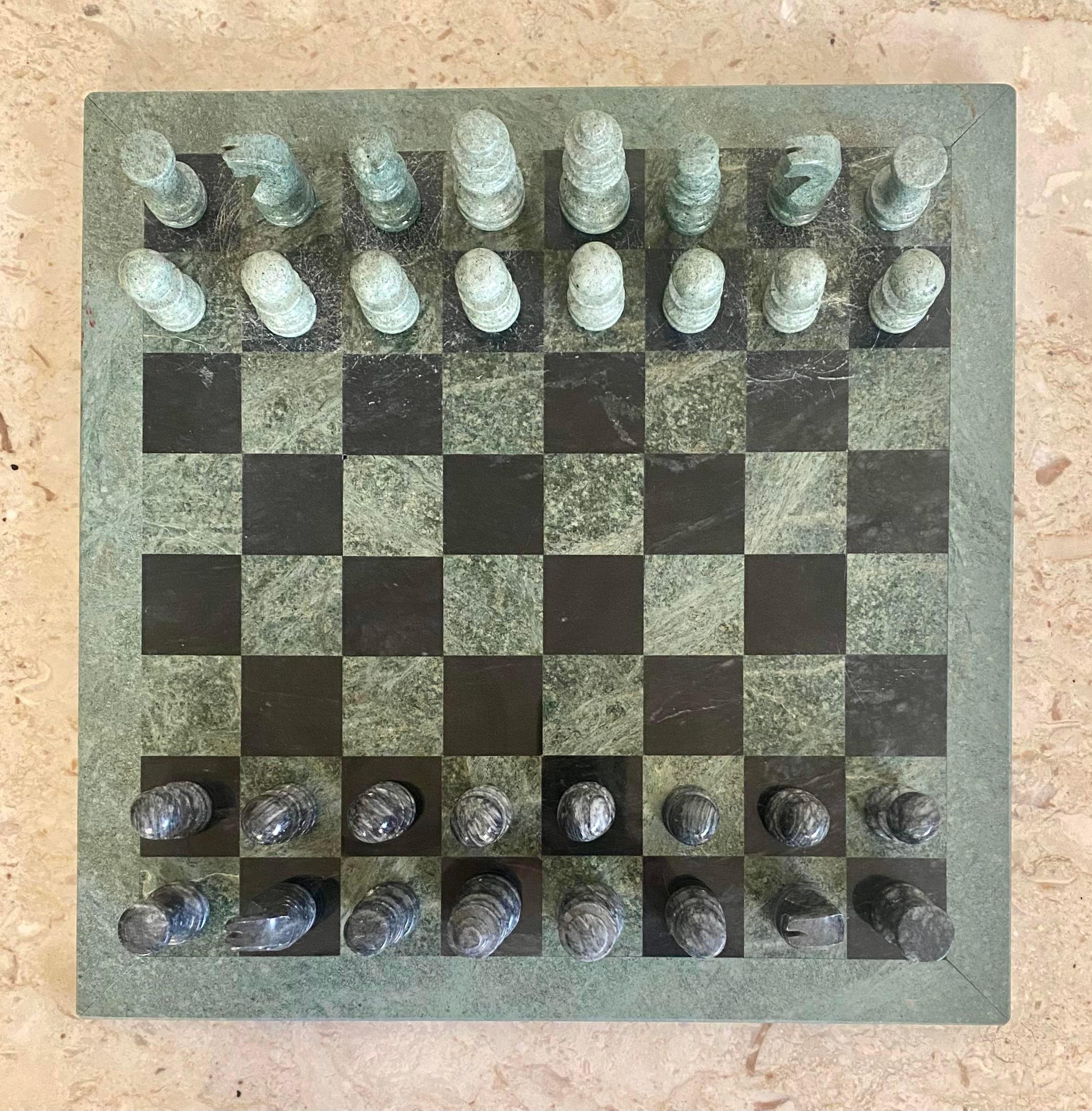 20th Century Green Carved Marble Modernist Chess Set