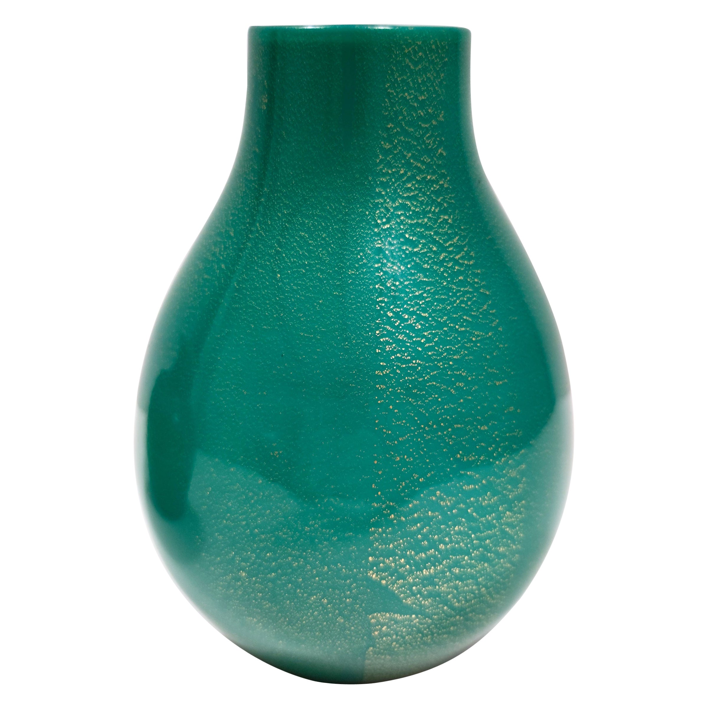 Vaso in vetro alga incamiciato verde con foglia d'oro di Tomaso Buzzi per Venini