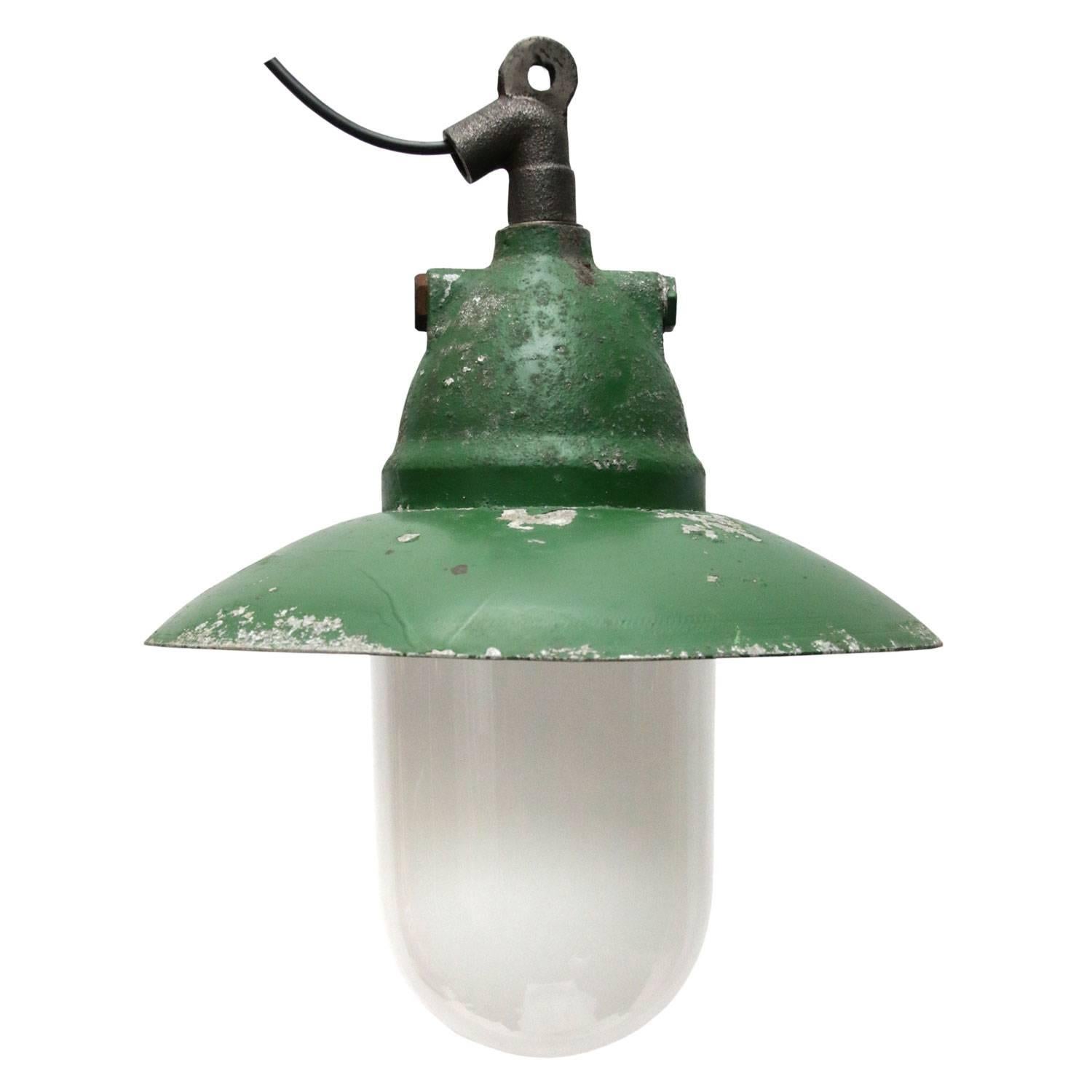 Green Cast Aluminium Vintage Industrial Opaline Glass Hanging Light In Good Condition In Amsterdam, NL