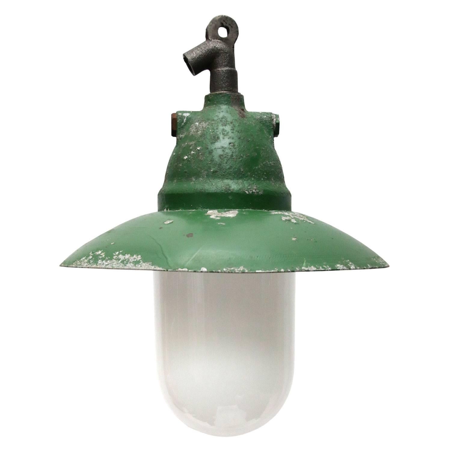 Green Cast Aluminium Vintage Industrial Opaline Glass Hanging Light