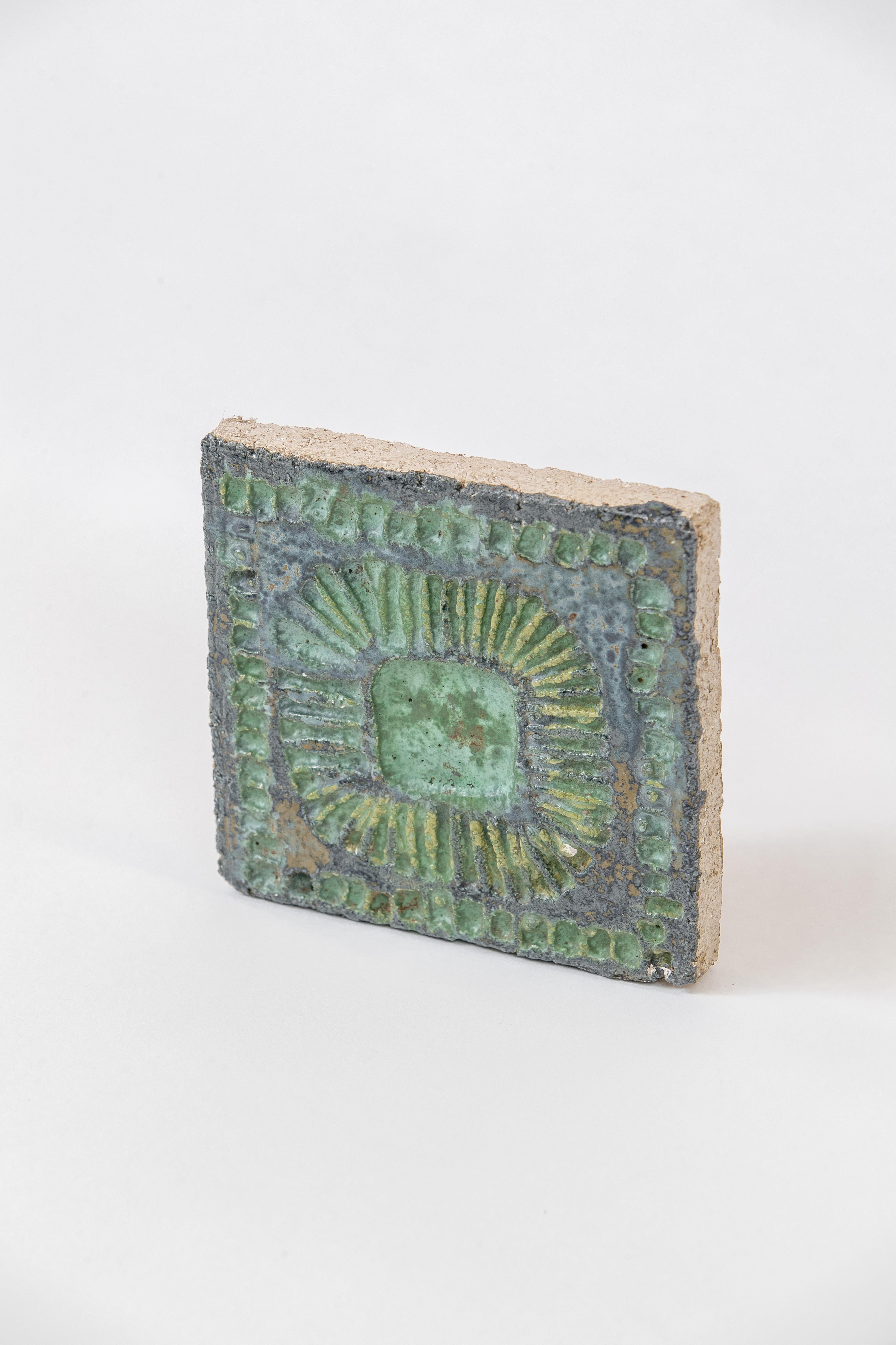 Danish Green Cast Ceramic Tile, Denmark, 1960s