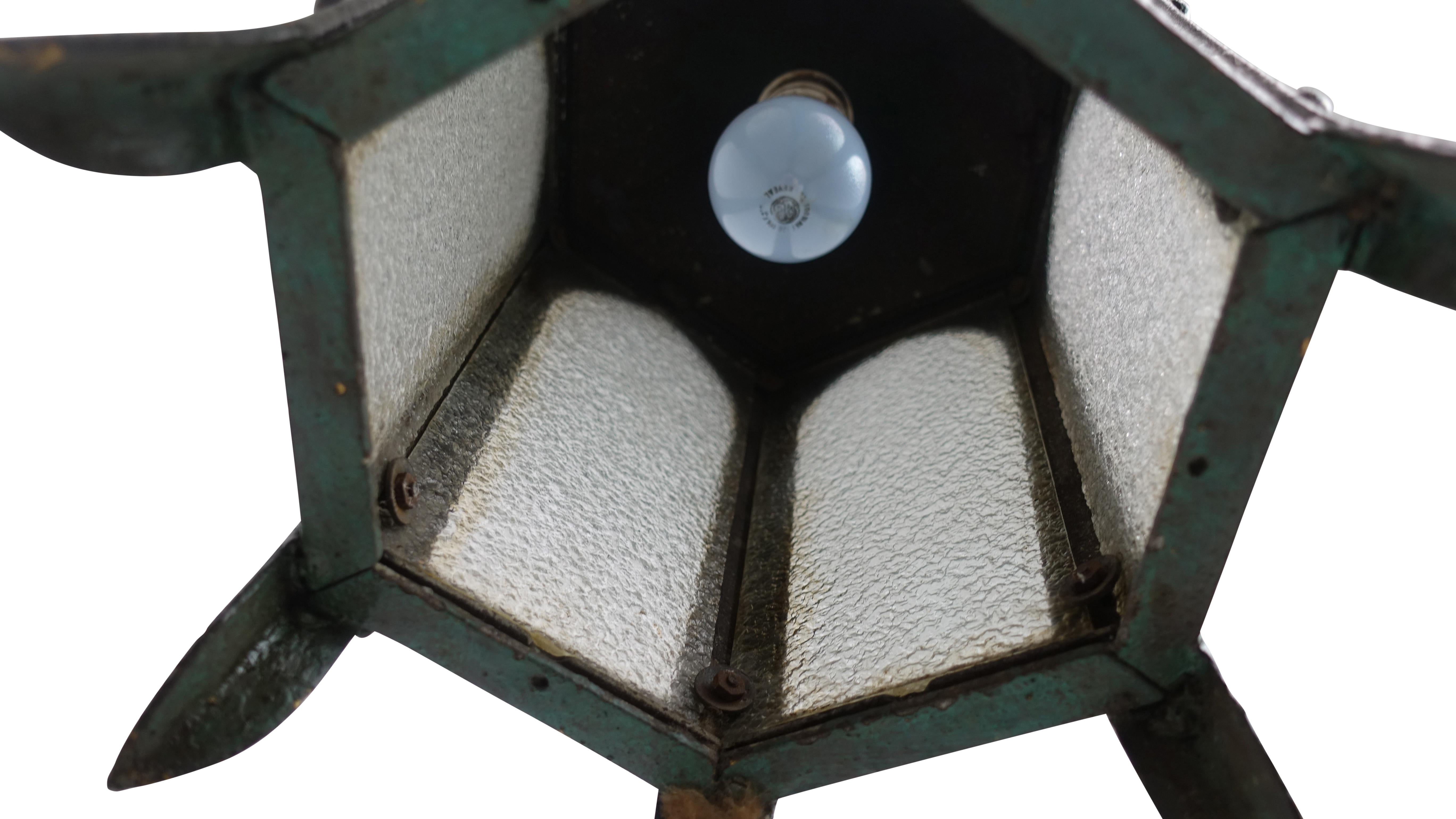 Green Cast Iron and Glass Pendant Lantern Light Fixture 3