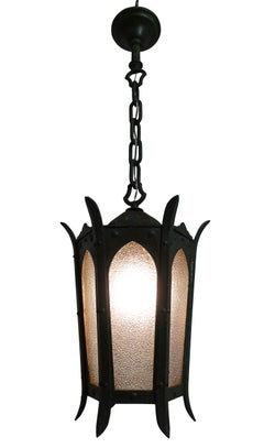 Green Cast Iron and Glass Pendant Lantern Light Fixture