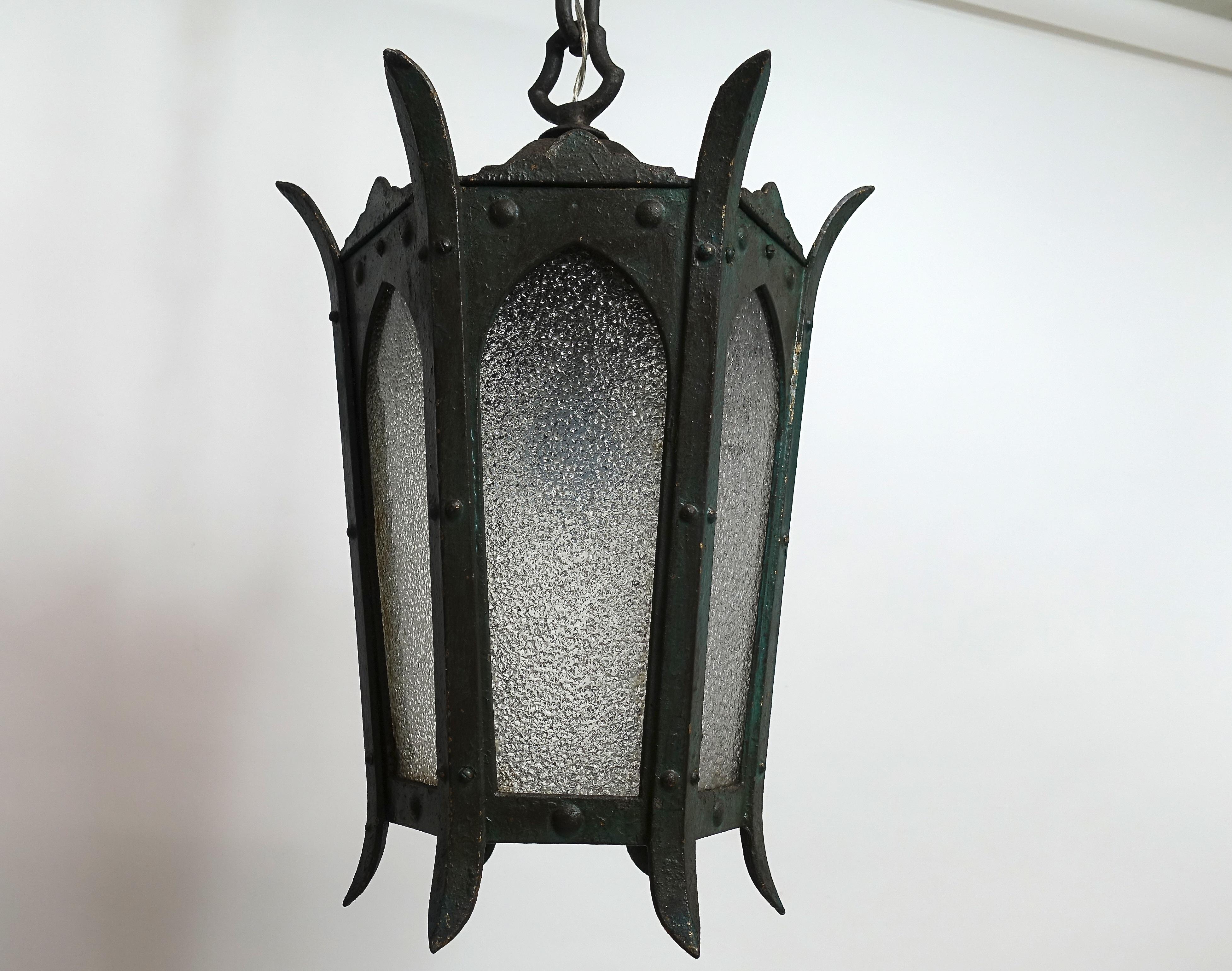 American Green Cast Iron and Glass Pendant Lantern Light Fixture
