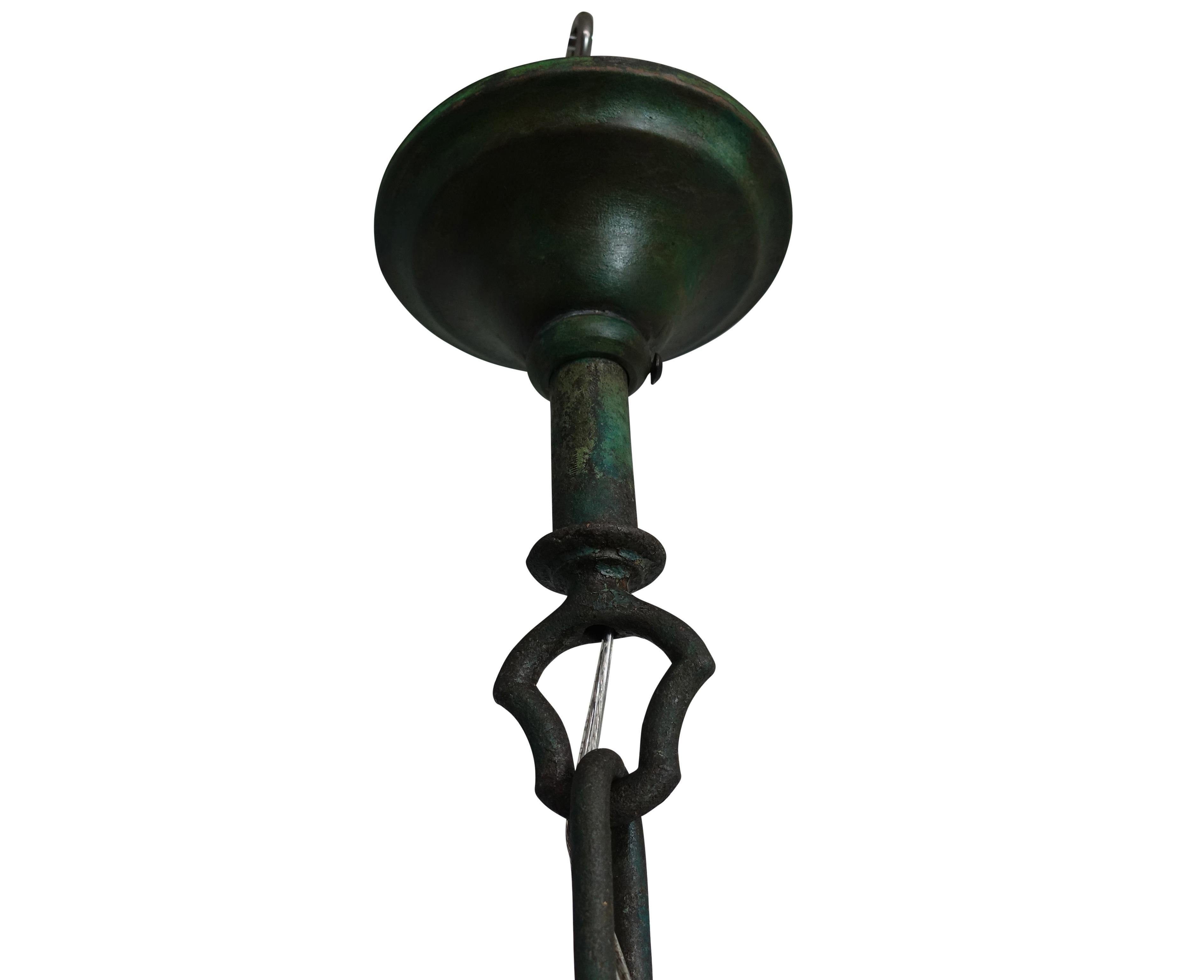 20th Century Green Cast Iron and Glass Pendant Lantern Light Fixture