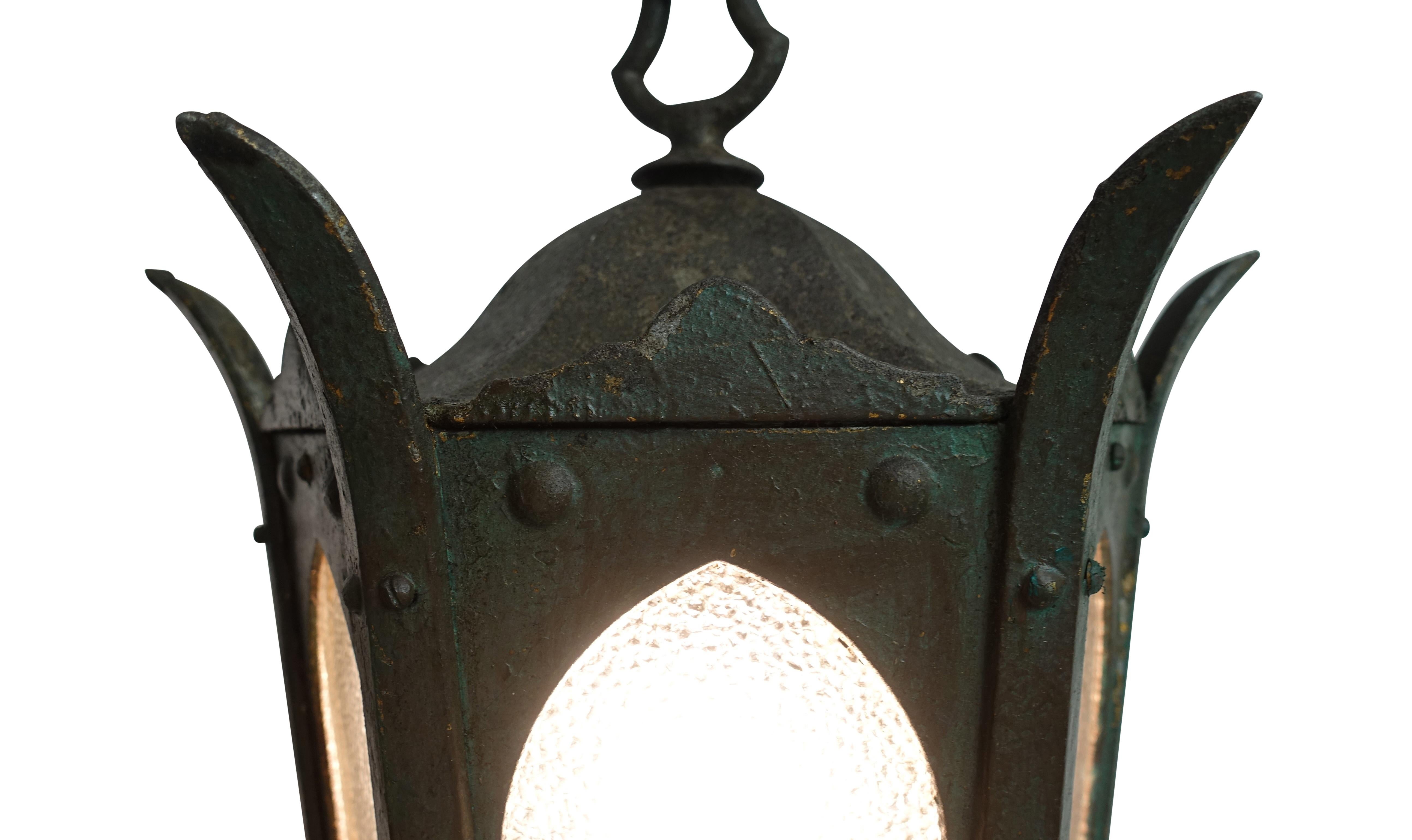 Metal Green Cast Iron and Glass Pendant Lantern Light Fixture