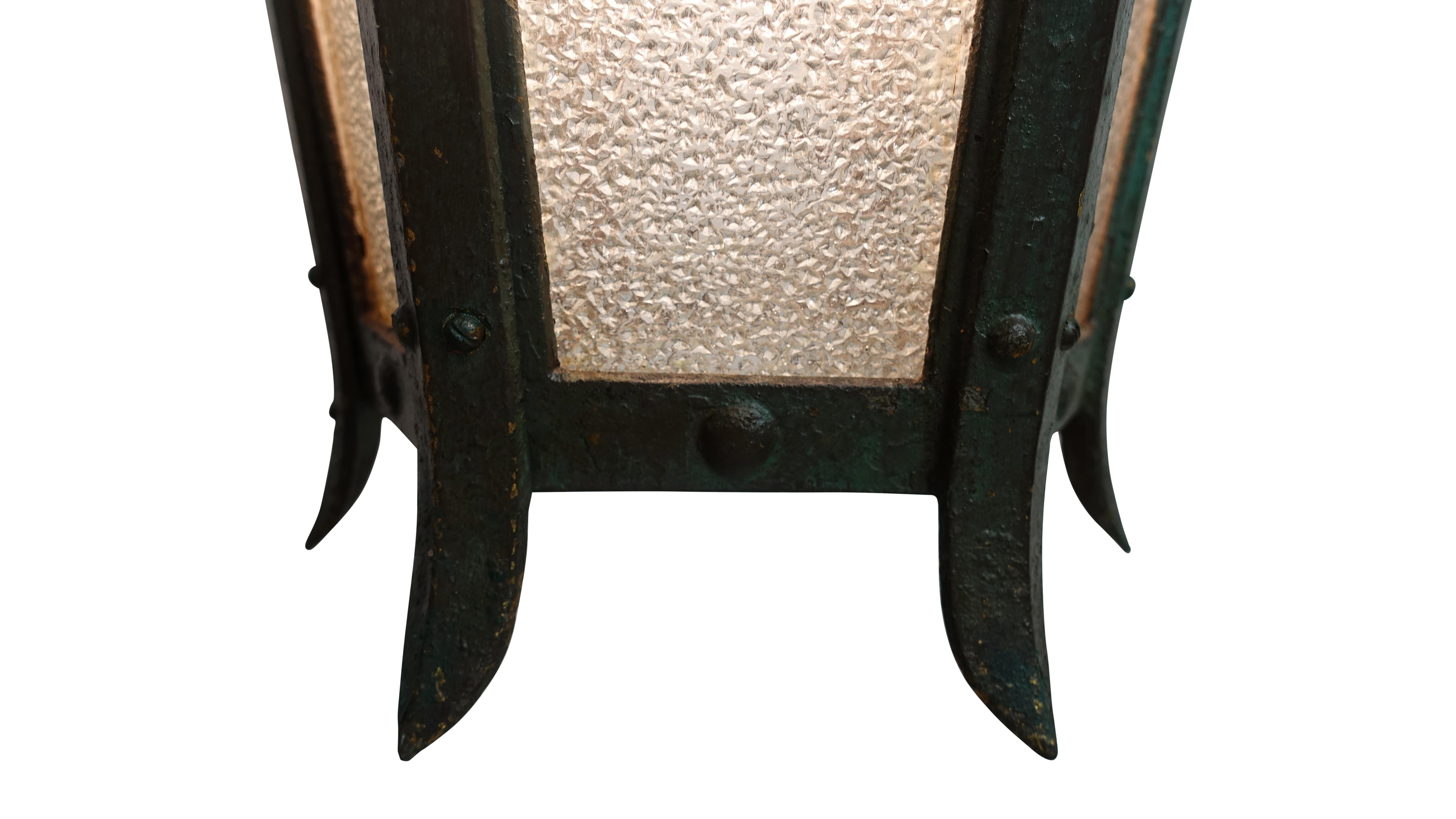 Green Cast Iron and Glass Pendant Lantern Light Fixture 1