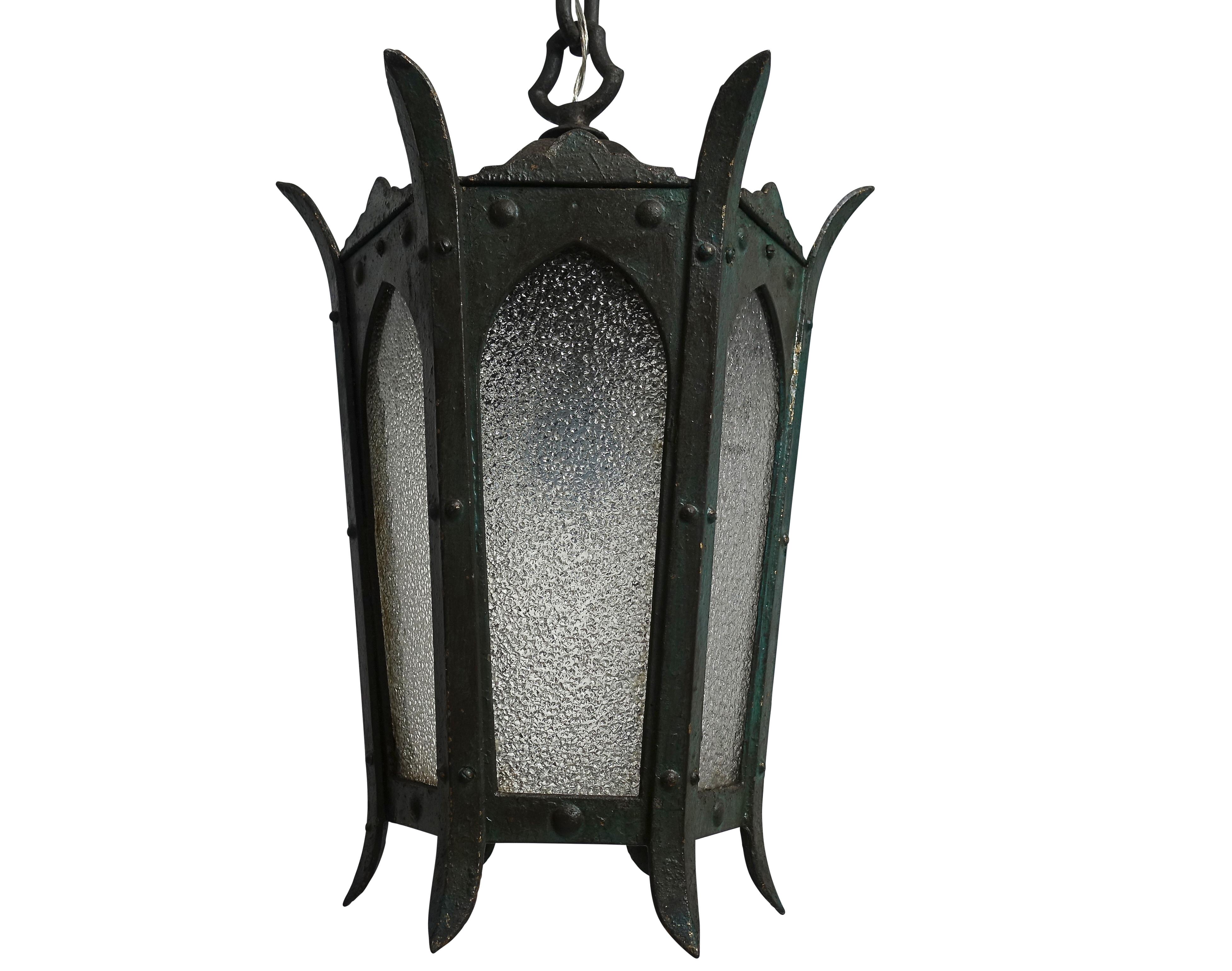 Green Cast Iron and Glass Pendant Lantern Light Fixture 2