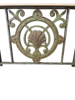 Green Cast Iron Console  Table with Shell Motif  and Travertine Marble Top