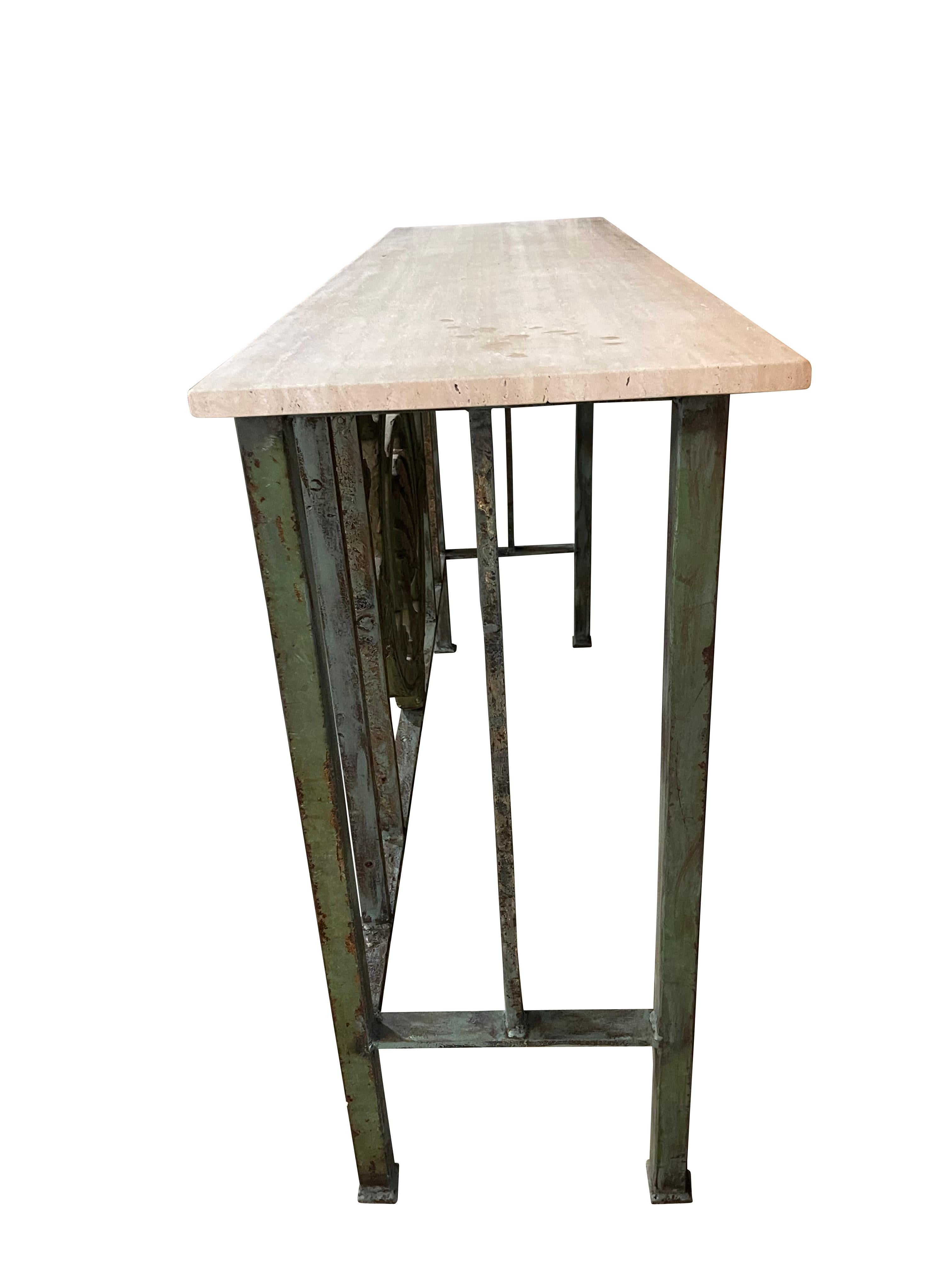 American Green Cast Iron Console  Table with Shell Motif  and Travertine Marble Top  For Sale