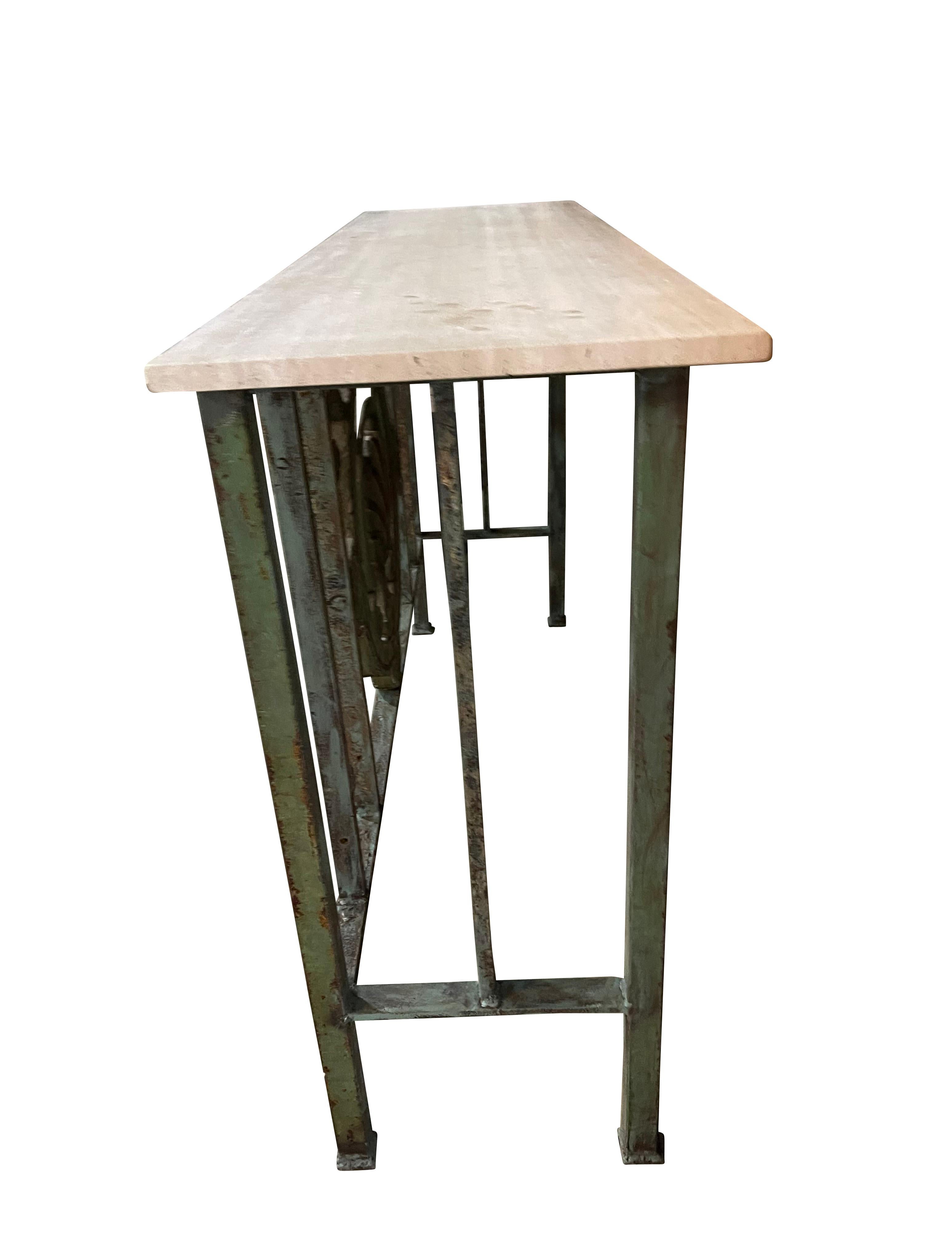 Green Cast Iron Console  Table with Shell Motif  and Travertine Marble Top  In Good Condition For Sale In Essex, MA