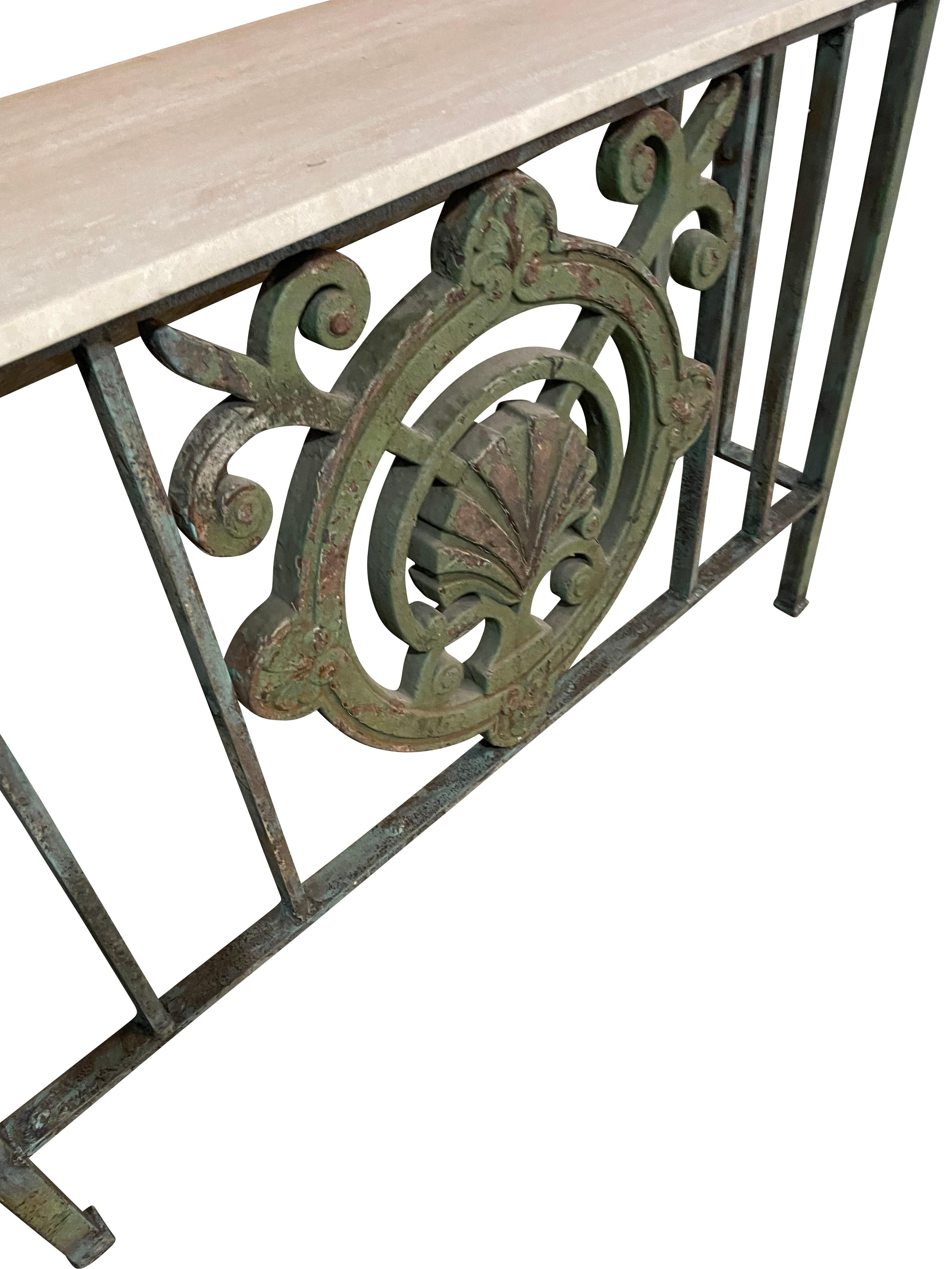 20th Century Green Cast Iron Console  Table with Shell Motif  and Travertine Marble Top  For Sale