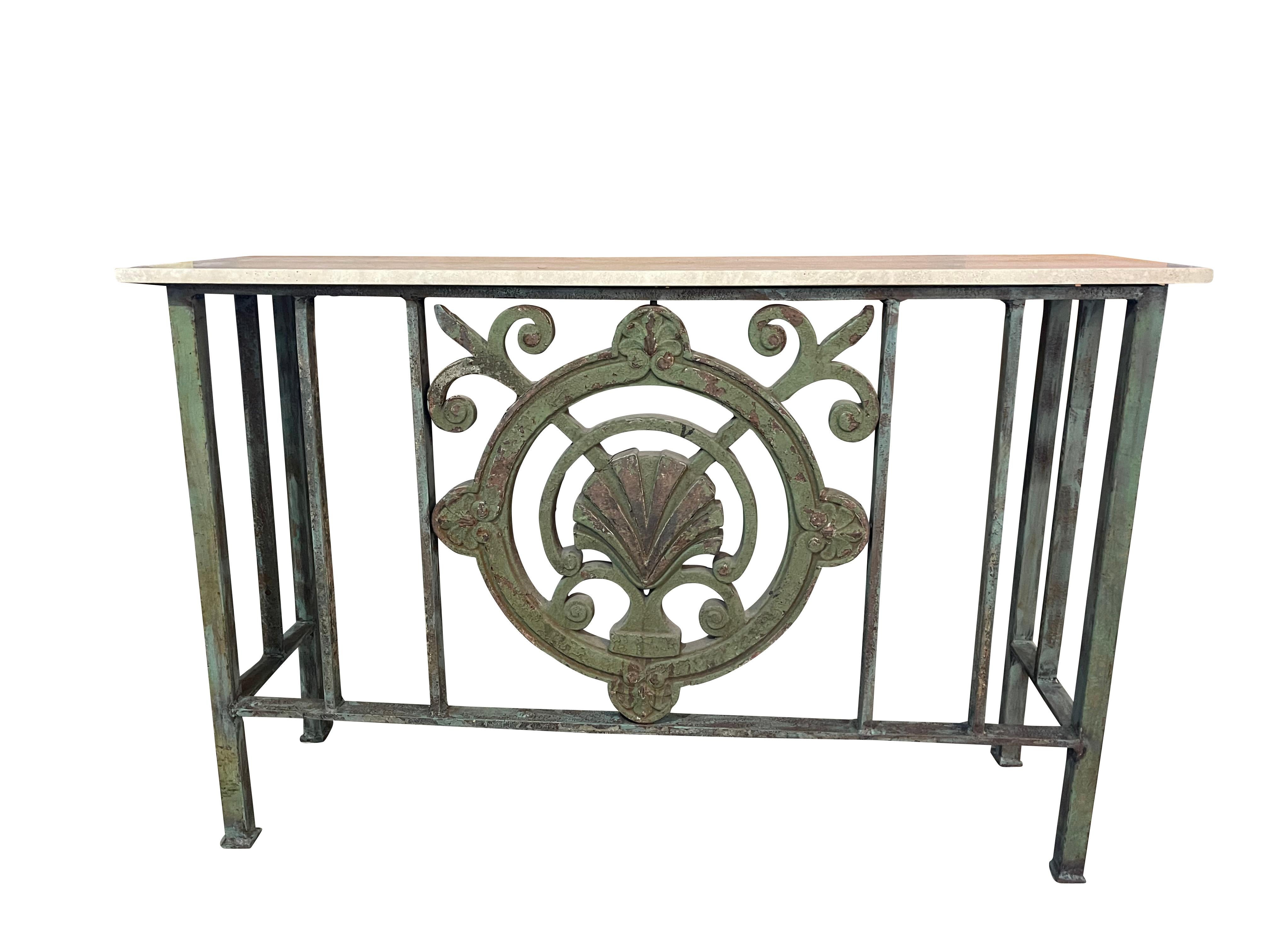 Green Cast Iron Console  Table with Shell Motif  and Travertine Marble Top  For Sale 4