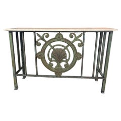 Retro Green Cast Iron Console  Table with Shell Motif  and Travertine Marble Top 