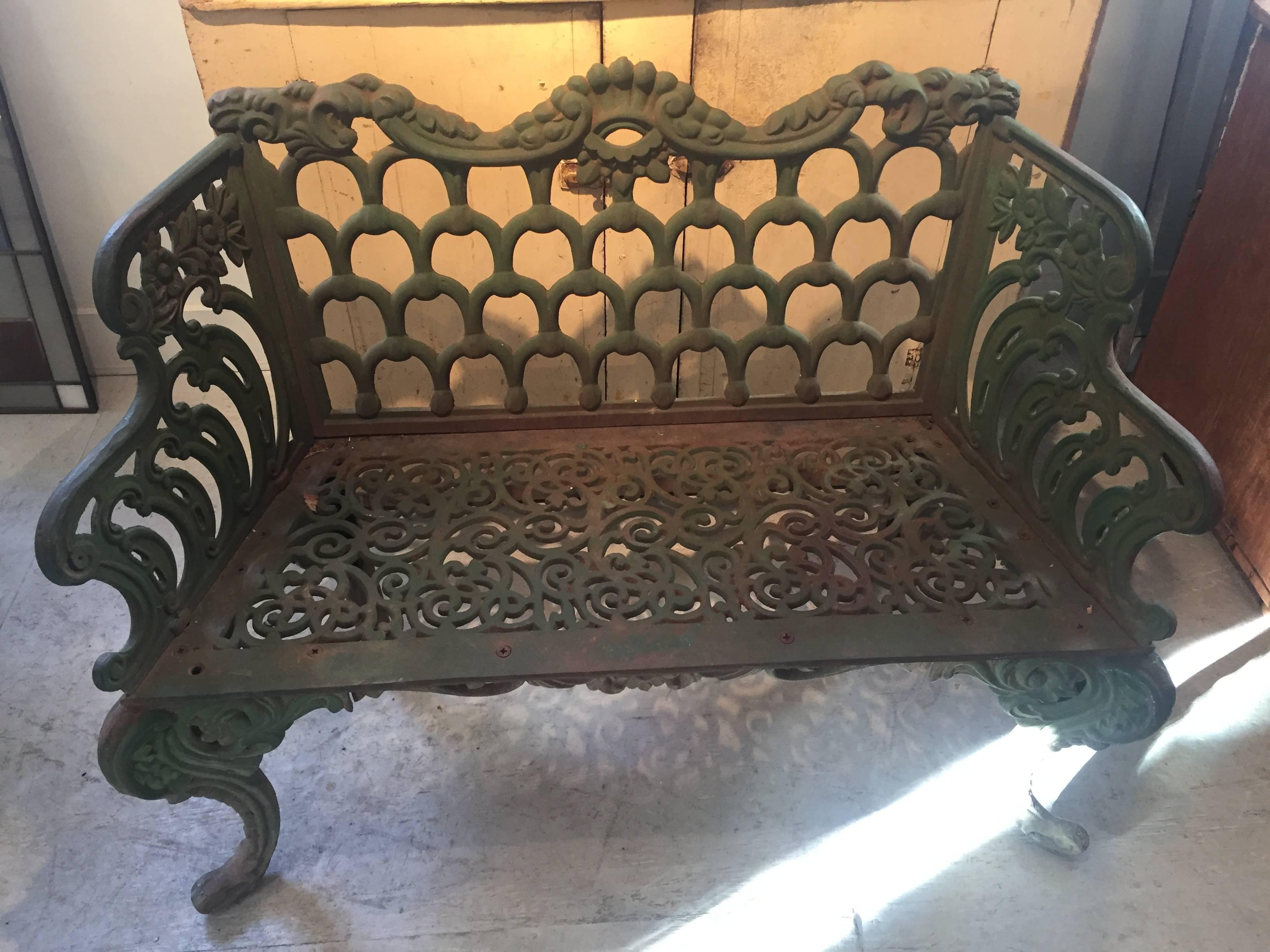 Early 20th Century Green Cast Iron Garden Bench For Sale