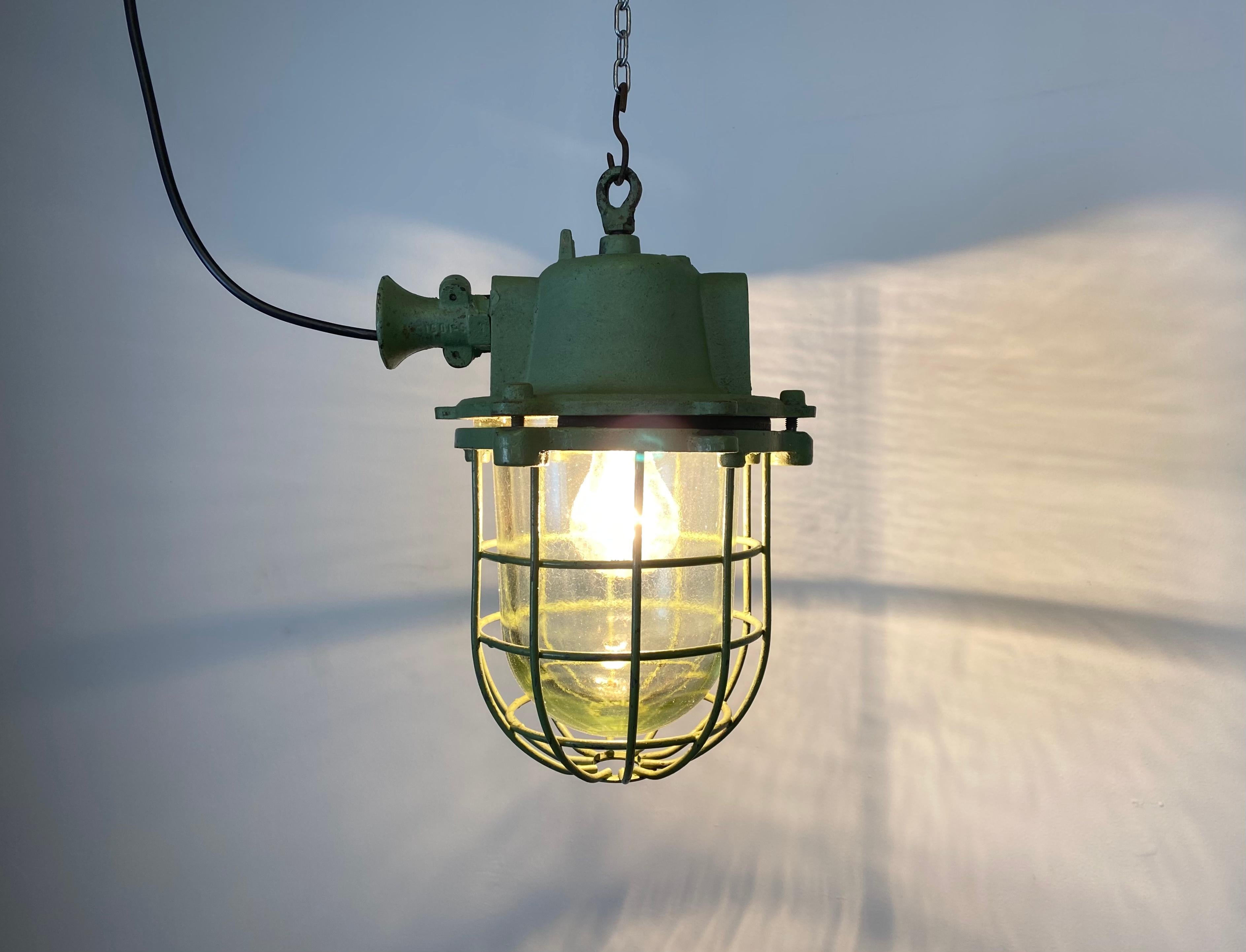 Green Cast Iron Industrial Cage Pendant Light, 1960s 6