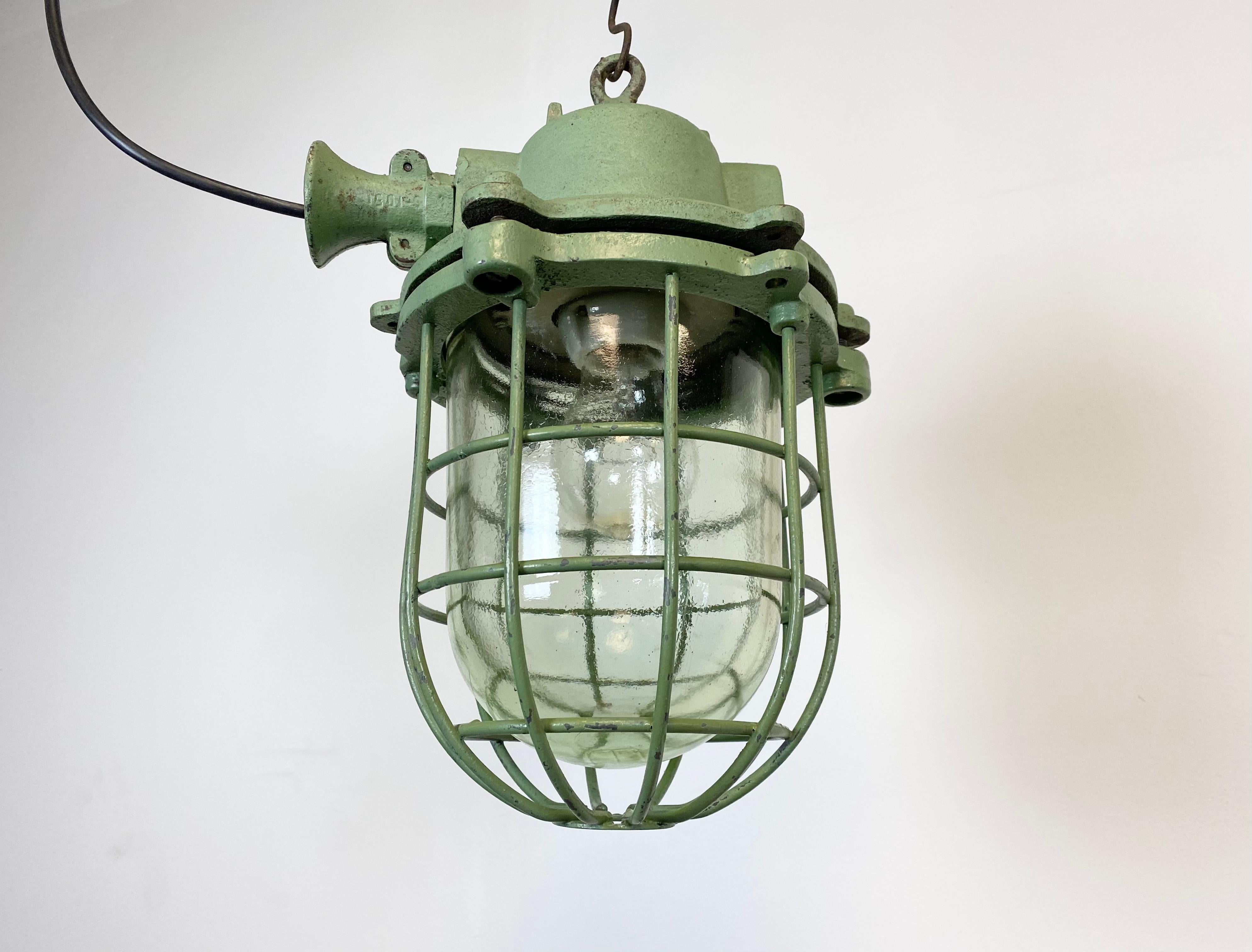 Green Cast Iron Industrial Cage Pendant Light, 1960s 1
