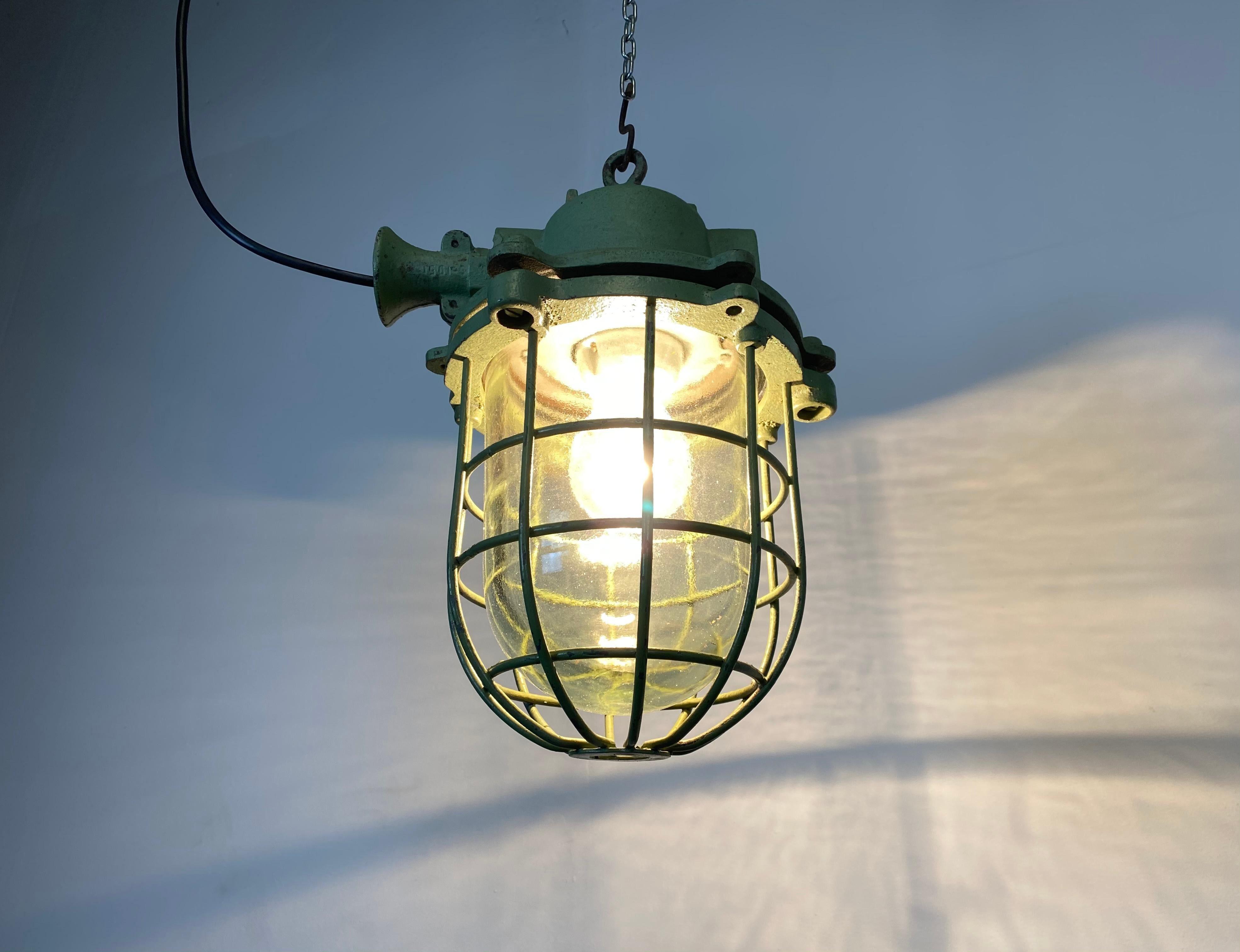Green Cast Iron Industrial Cage Pendant Light, 1960s 2
