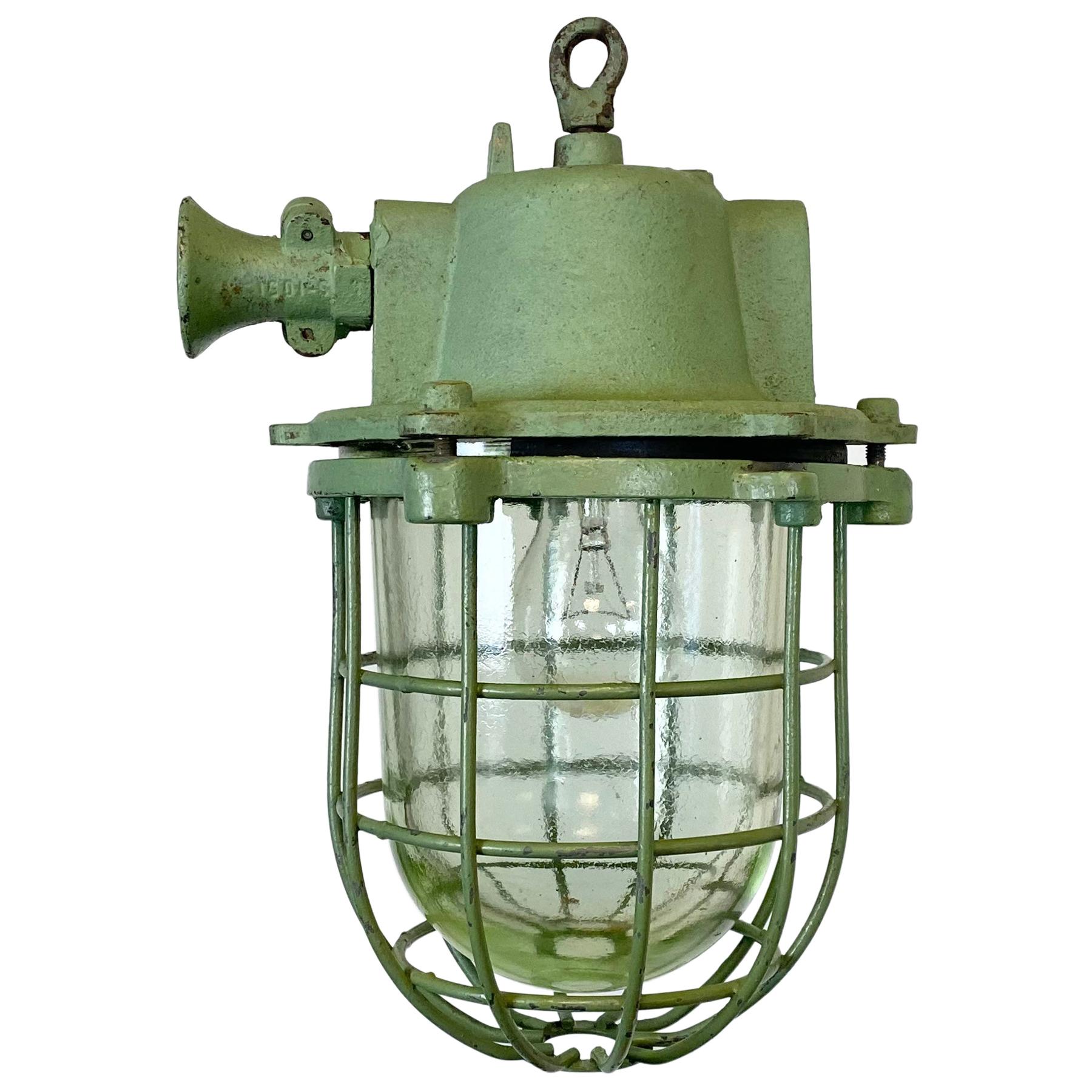 Green Cast Iron Industrial Cage Pendant Light, 1960s