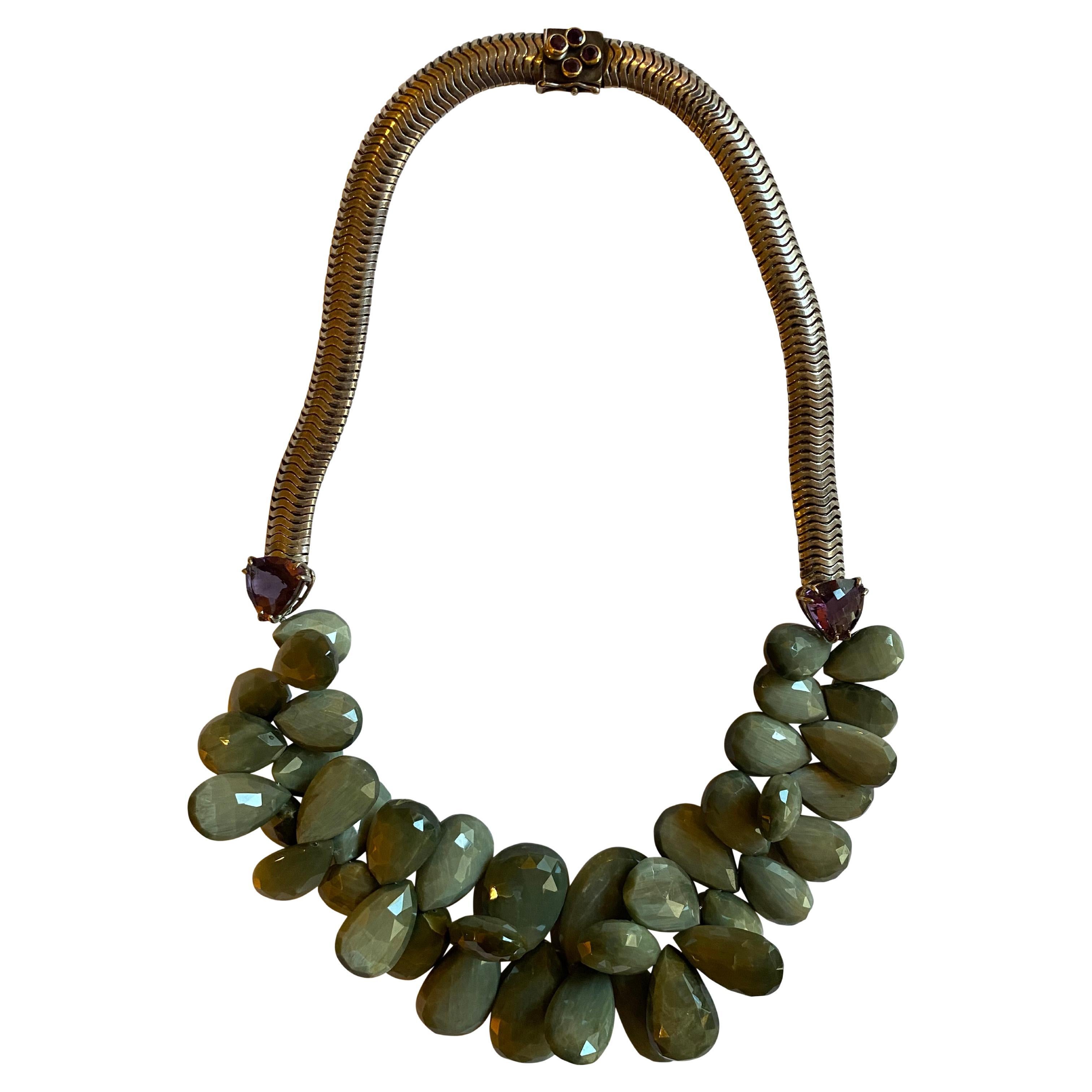 Sorab & Roshi Green Cats-Eye Briollete Bead Necklace with Amethyst For Sale