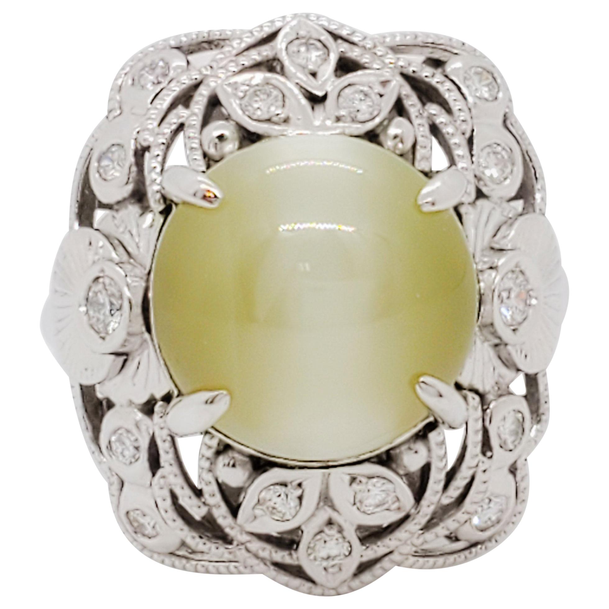 Cat's Eye Green Chrysoberyl Cabochon and White Diamond Ring in Platinum
