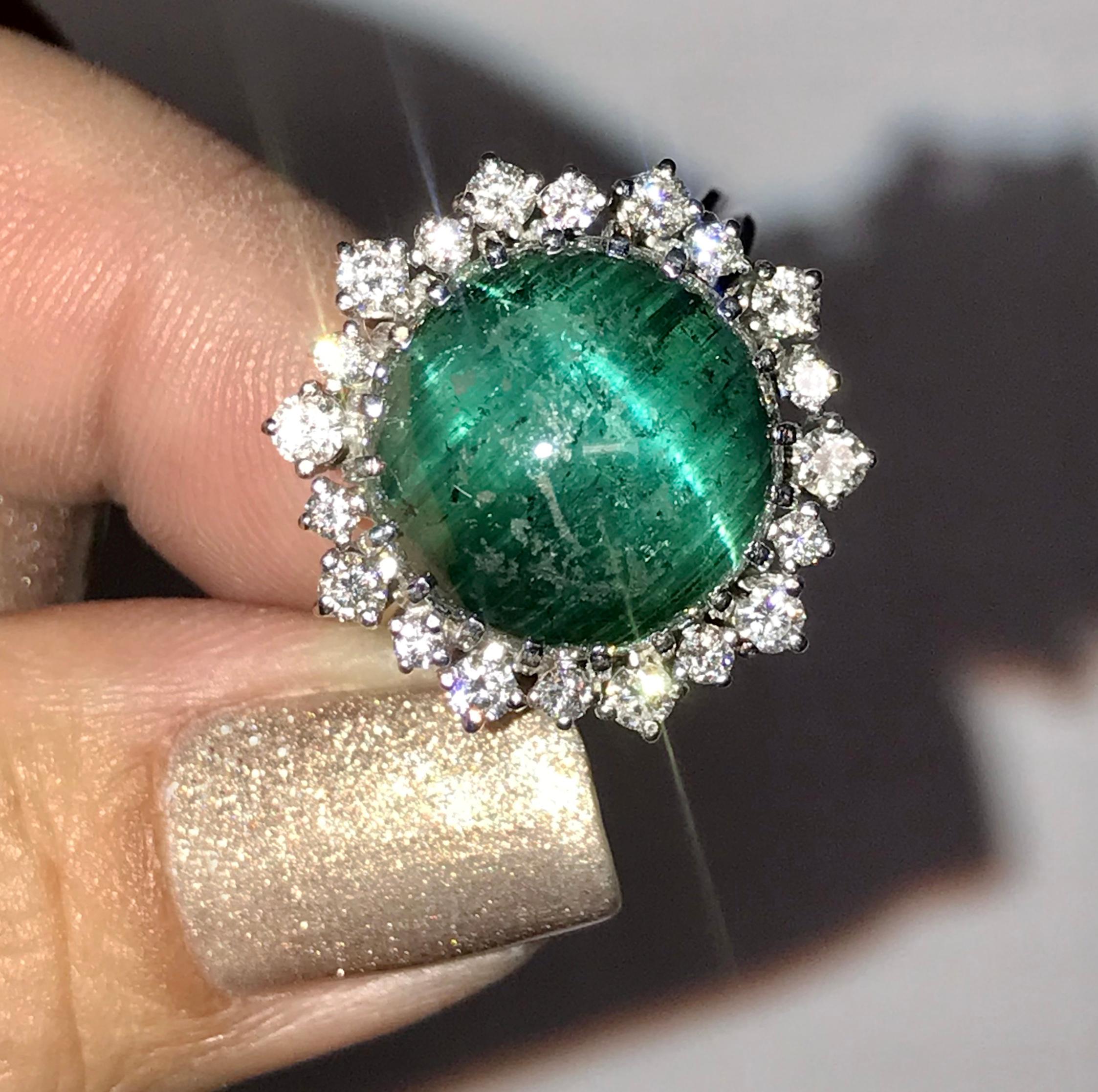 Green Cat's Eye Tourmaline Diamond Cocktail Ring In Good Condition In Palm Desert, CA