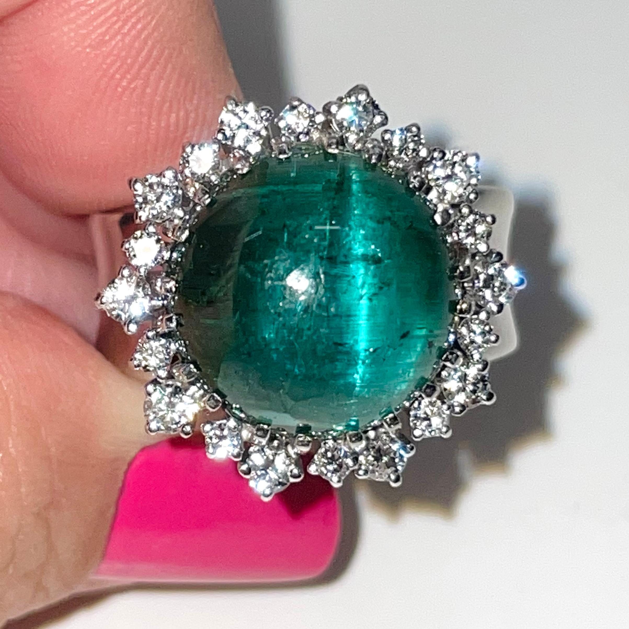 Green Cat's Eye Tourmaline Diamond Wide Band Ring In Good Condition For Sale In Palm Desert, CA