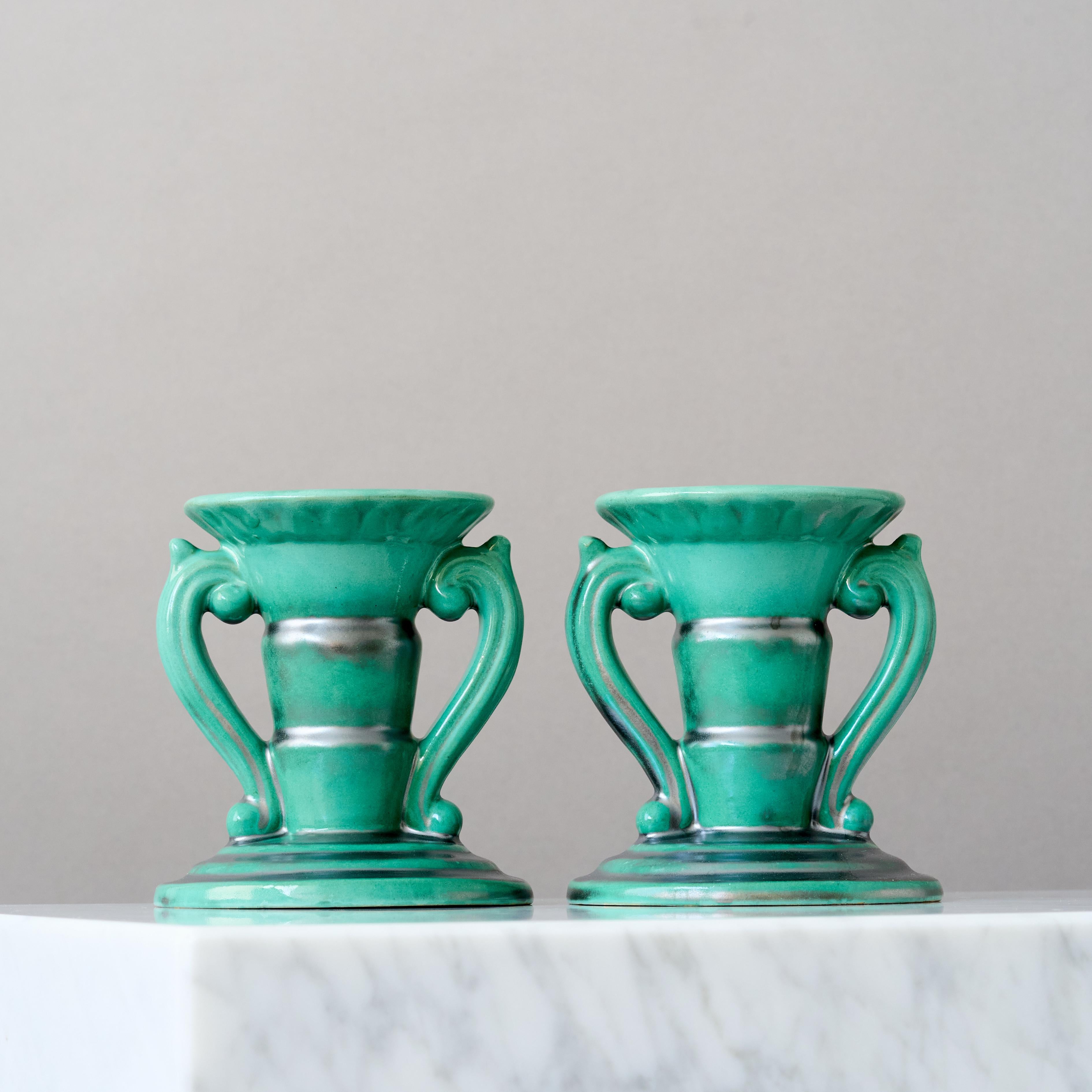 Art Déco Candelieri Art Deco in ceramica verde di Anna-Lisa Thomson, St Eriks, Svezia anni '30 in vendita