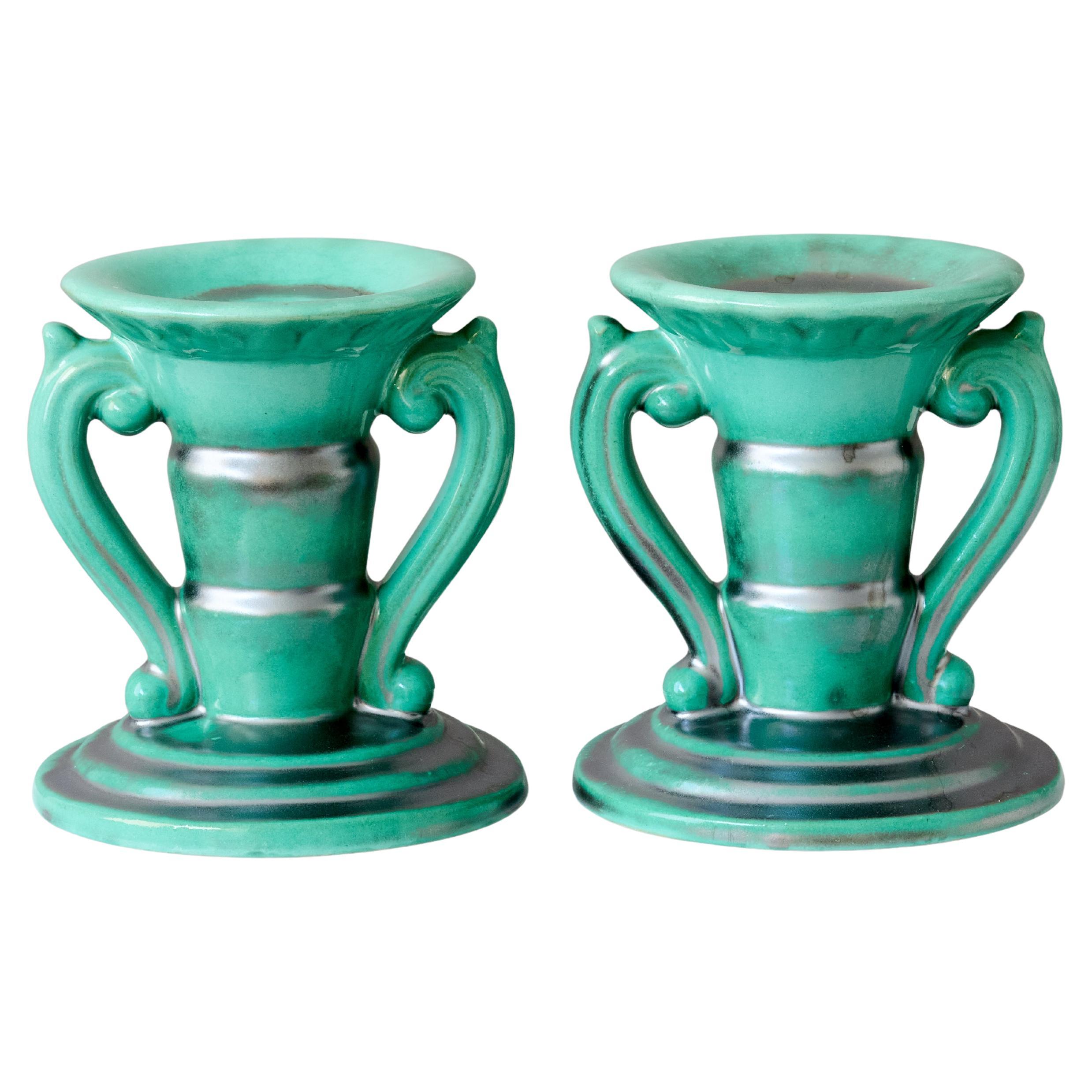 Green Ceramic Art Deco Candlesticks by Anna-Lisa Thomson, St Eriks, Sweden 1930s