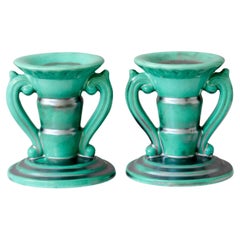Green Ceramic Art Deco Candlesticks by Anna-Lisa Thomson, St Eriks, Sweden 1930s