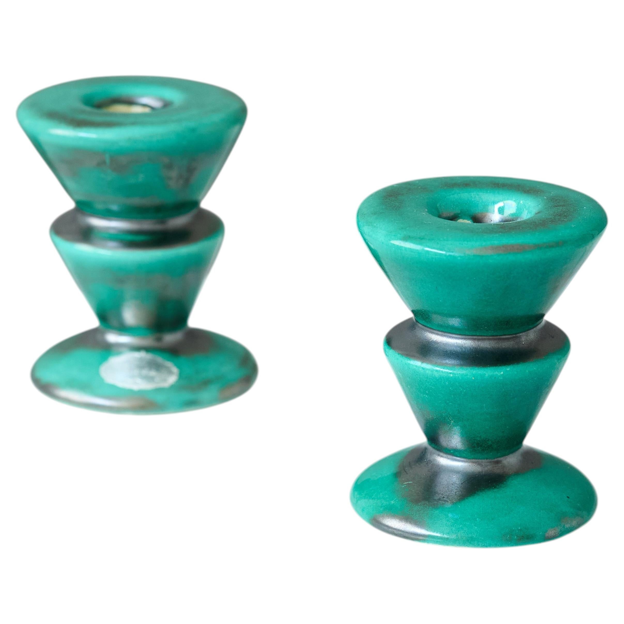 Green Ceramic Art Deco Candlesticks by Harald Östergren, Ekeby, Sweden 1930s