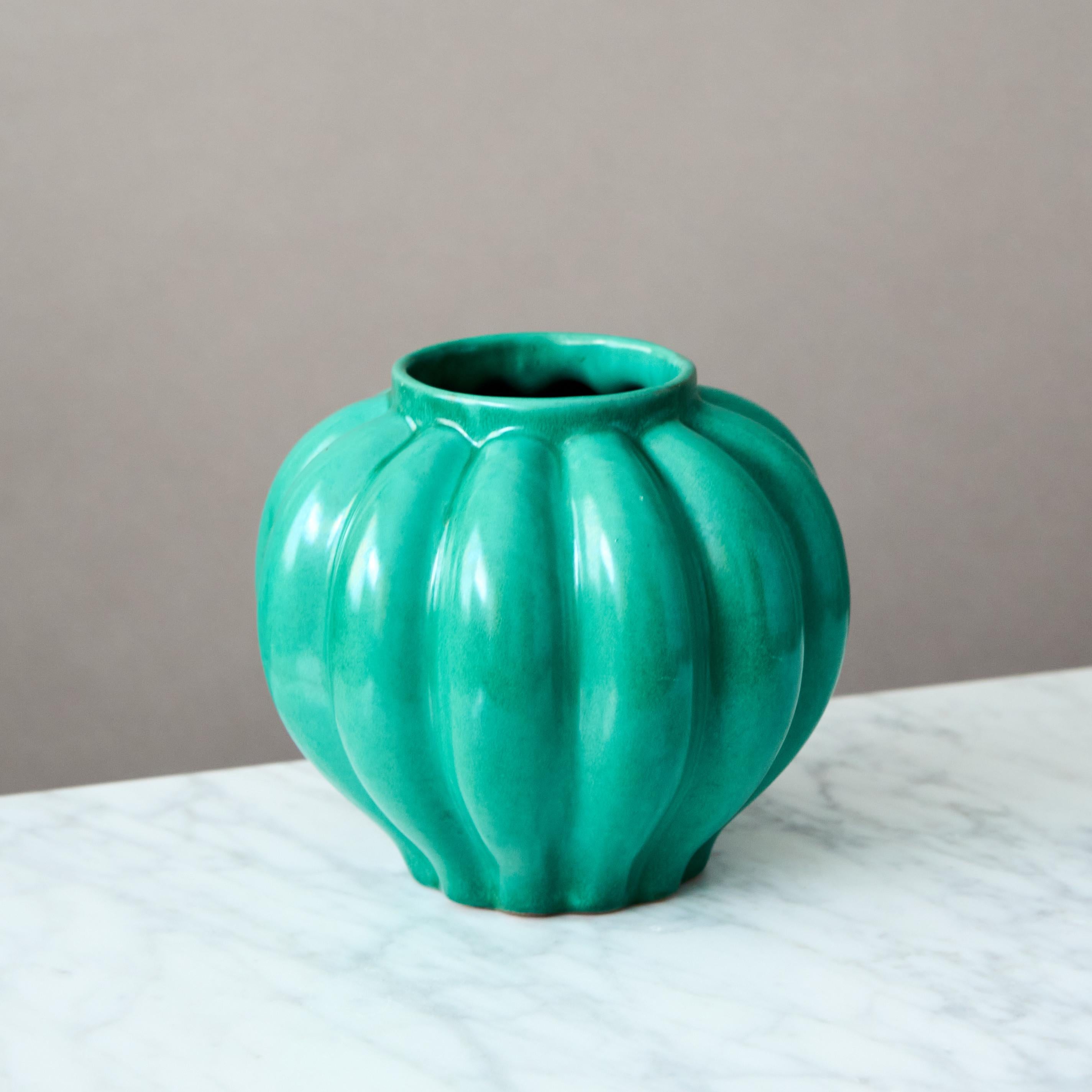 Swedish Green Ceramic Art Deco Vase by Anna-Lisa Thomson. Upsala Ekeby, Sweden, 1930s For Sale