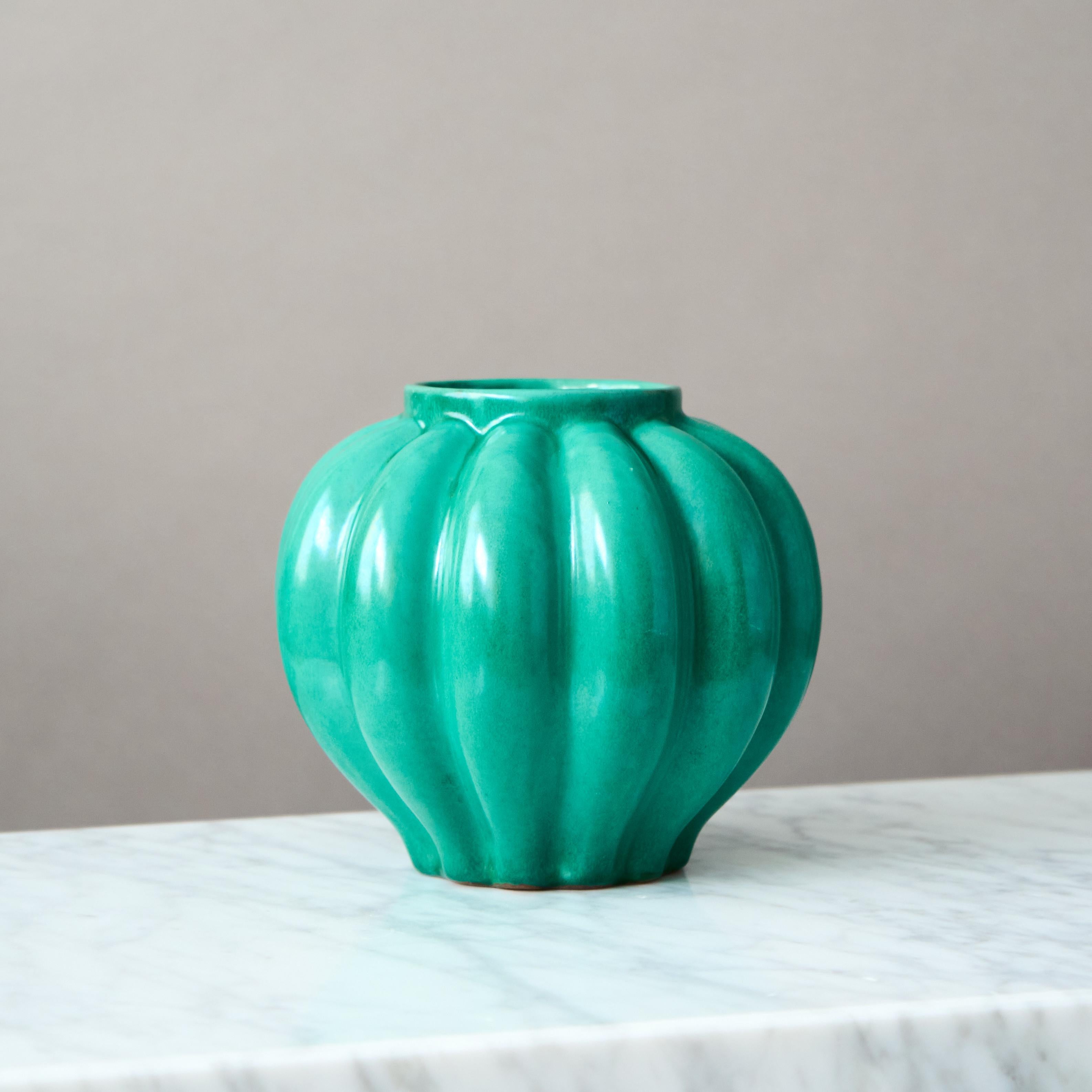 Glazed Green Ceramic Art Deco Vase by Anna-Lisa Thomson. Upsala Ekeby, Sweden, 1930s For Sale