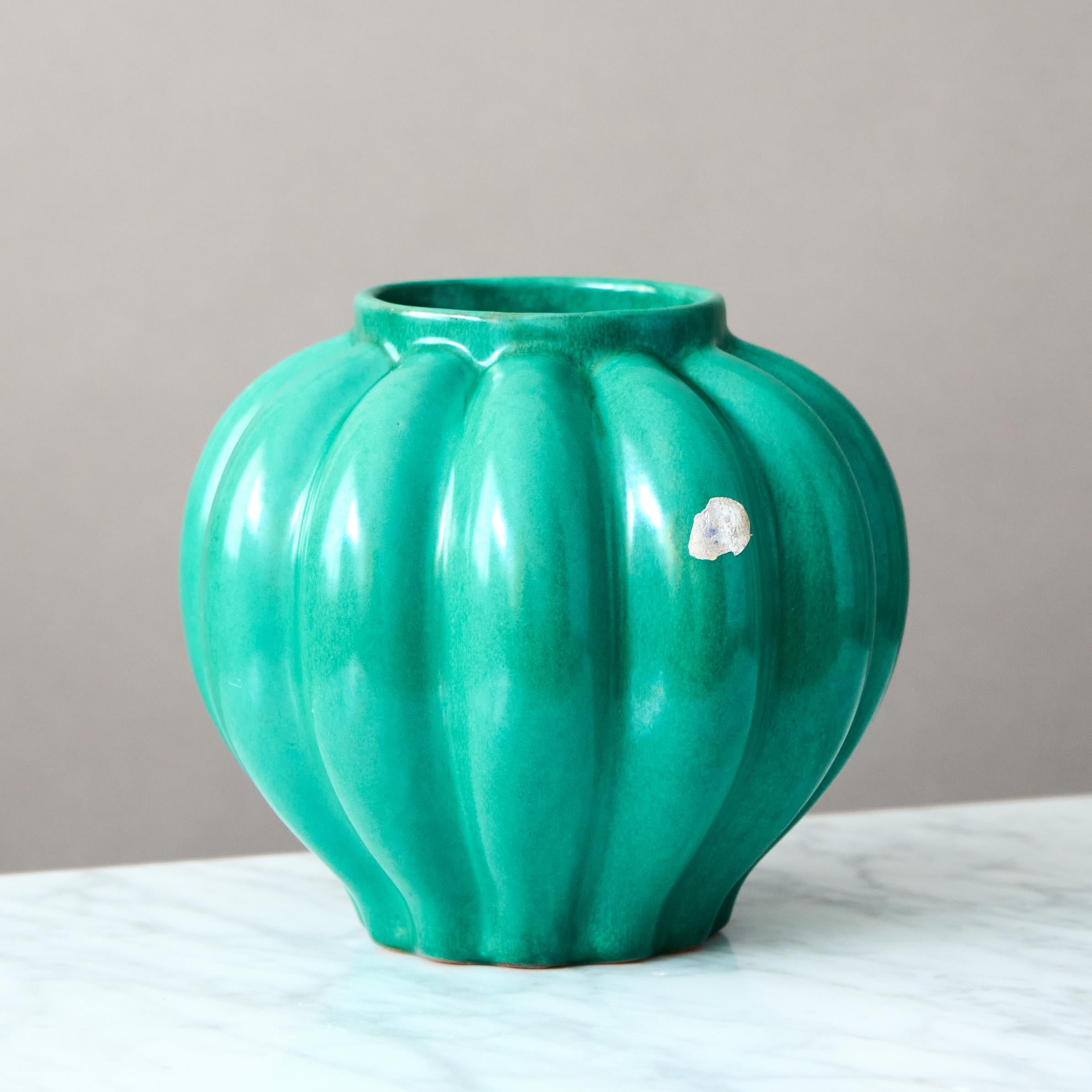 20th Century Green Ceramic Art Deco Vase by Anna-Lisa Thomson. Upsala Ekeby, Sweden, 1930s For Sale