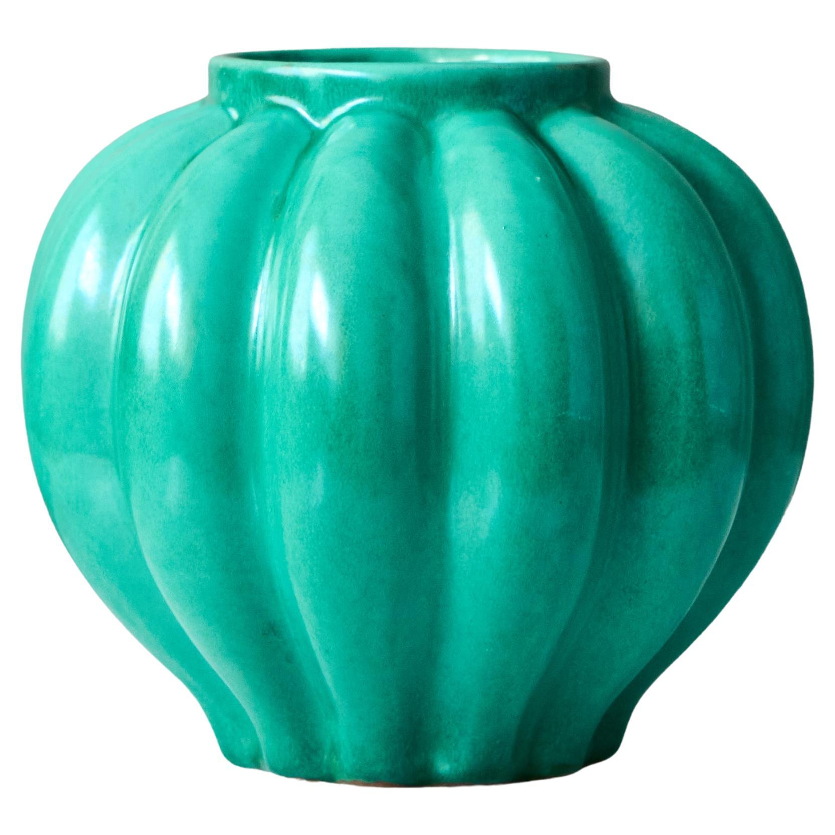 Green Ceramic Art Deco Vase by Anna-Lisa Thomson. Upsala Ekeby, Sweden, 1930s For Sale